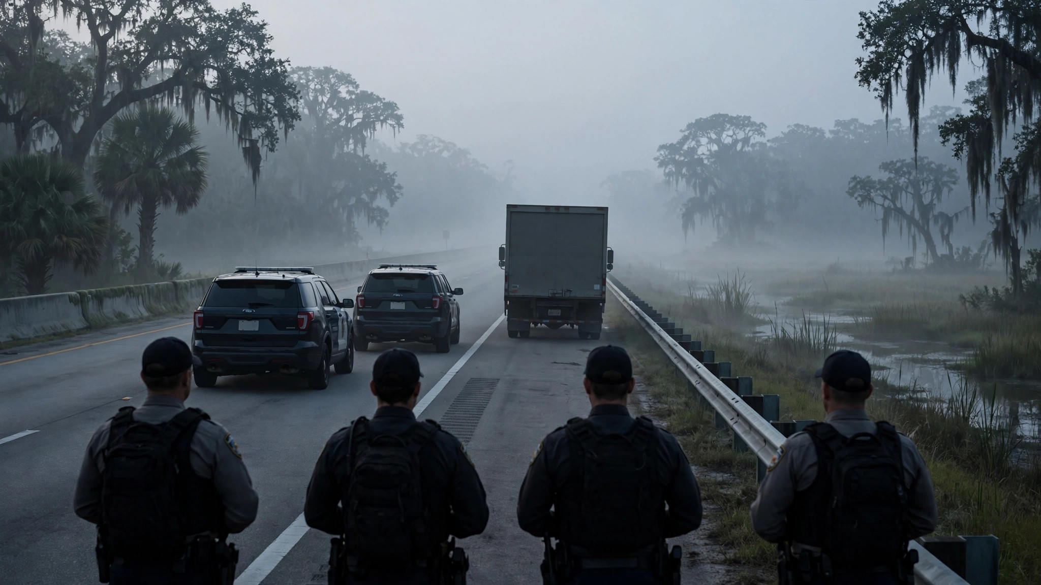 Ilustración editorial: un operativo policial al amanecer en una carretera de Florida, patrullas y agentes en silueta junto a un camión detenido, tono sobrio
