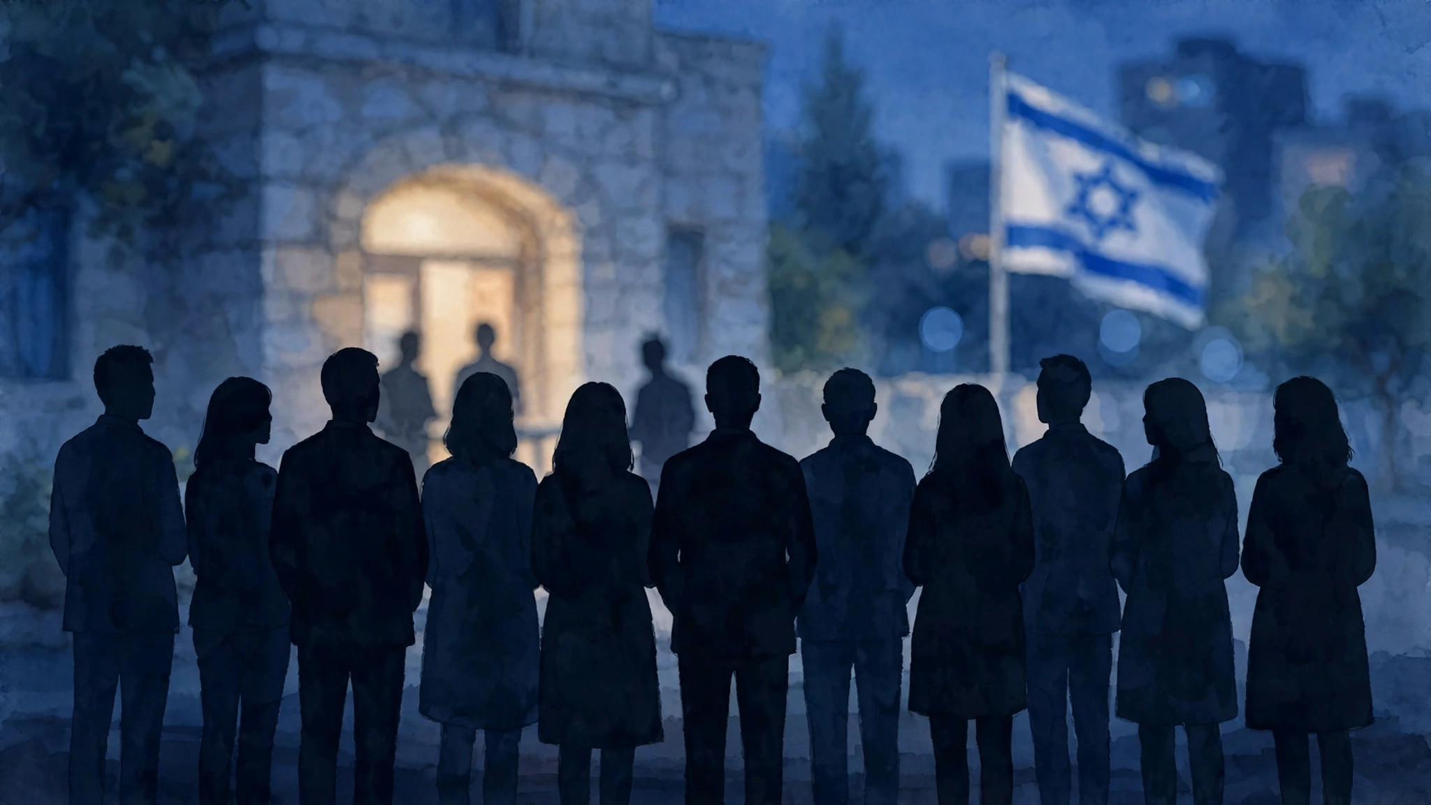 Ilustración editorial: una noche electoral en Israel, votantes en silueta vistos de espaldas frente a un colegio electoral al atardecer con una bandera israelí difuminada, tonos azules de tarde