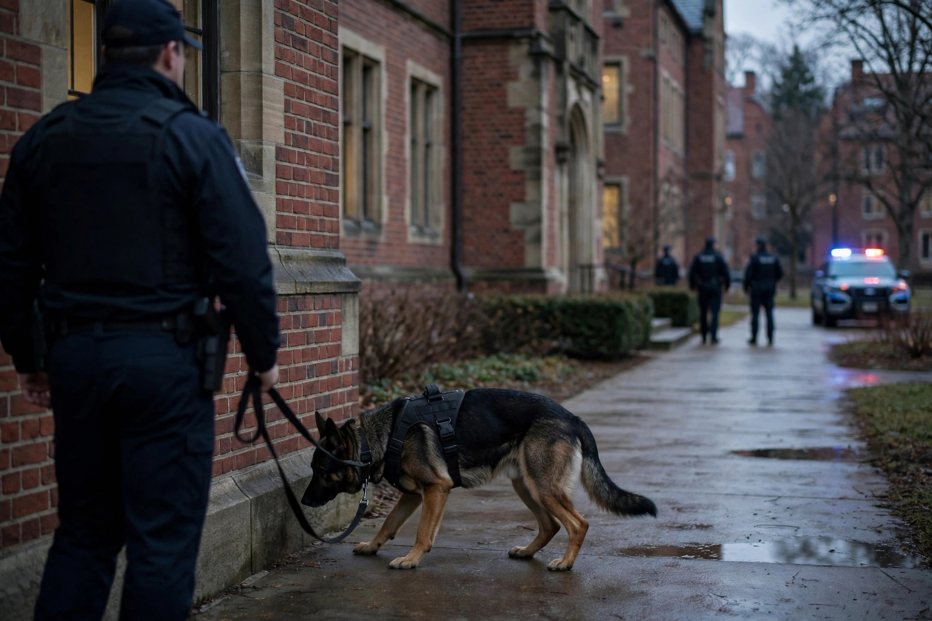 Ilustración editorial: unidades K9 de la policía registran un edificio universitario al atardecer en Pittsburgh