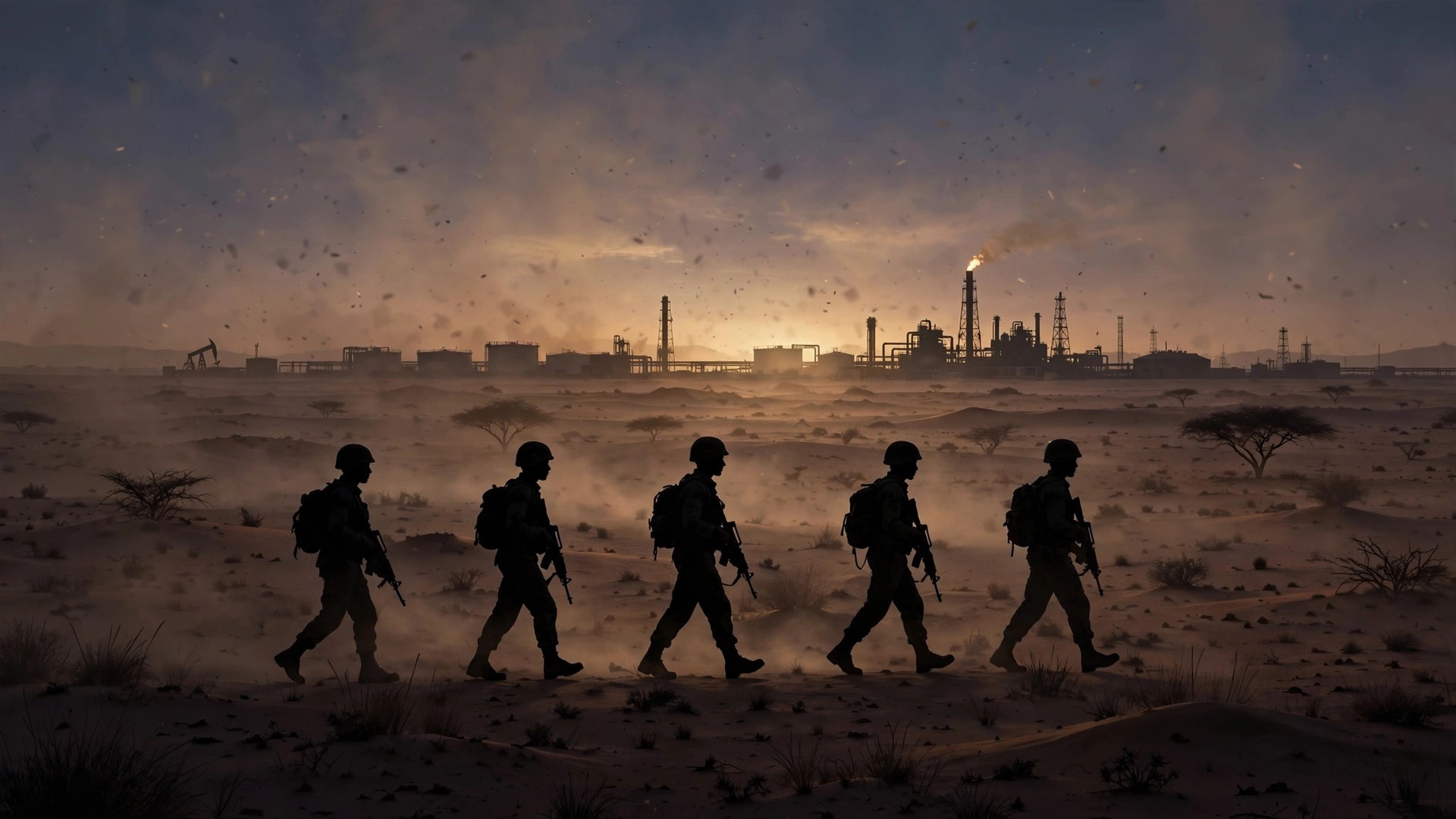 Ilustración editorial: soldados en silueta caminando por el desierto del Sahel al atardecer, instalaciones petroleras a lo lejos, tono sobrio