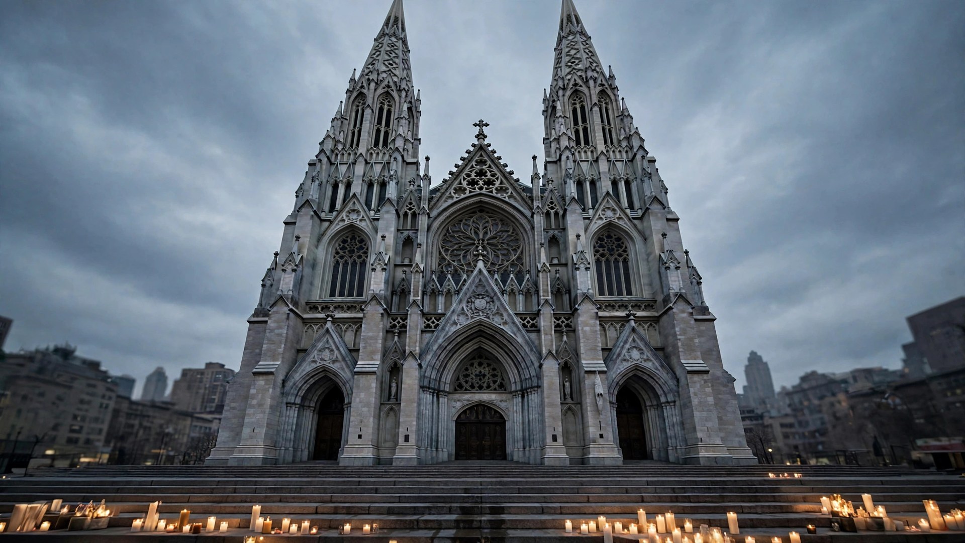 Ilustración editorial: exterior de una catedral gótica en Nueva York al atardecer bajo un cielo gris, con velas encendidas, tono sobrio y respetuoso