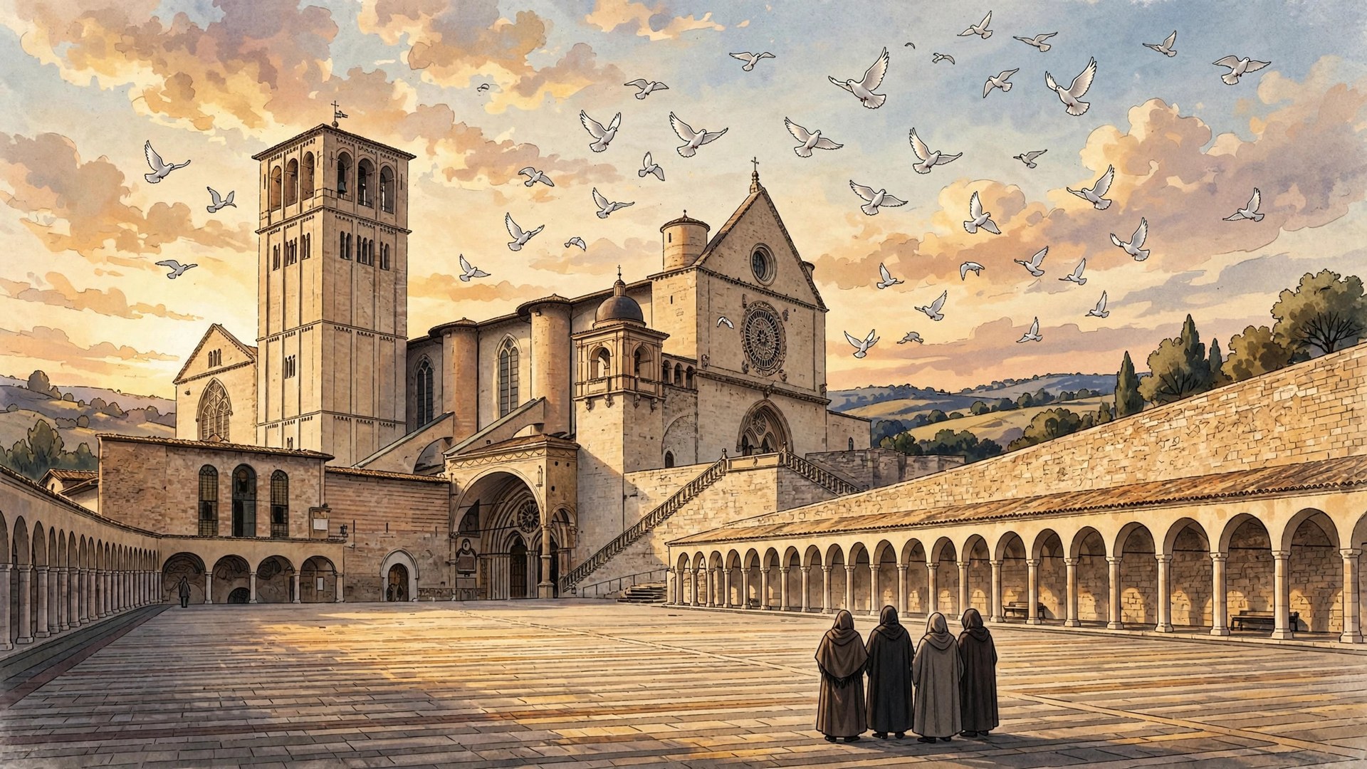 Ilustración editorial: la basílica de Asís al atardecer con palomas blancas en vuelo y líderes religiosos en silueta, tono sereno