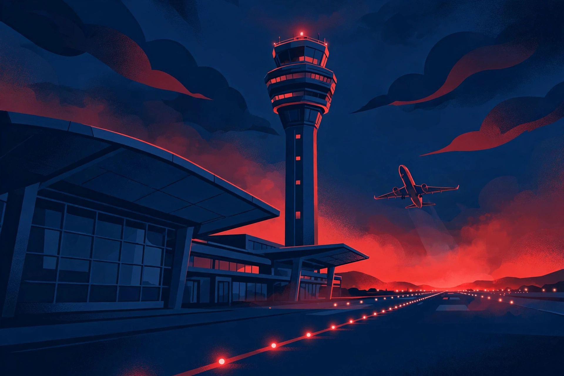 Ilustración editorial: aeropuerto y torre de control de noche bajo un resplandor rojo de alerta