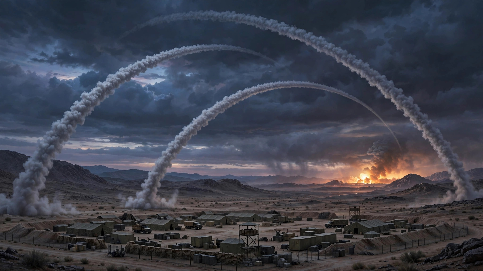 Ilustración editorial: misiles sobre una base militar en el desierto
