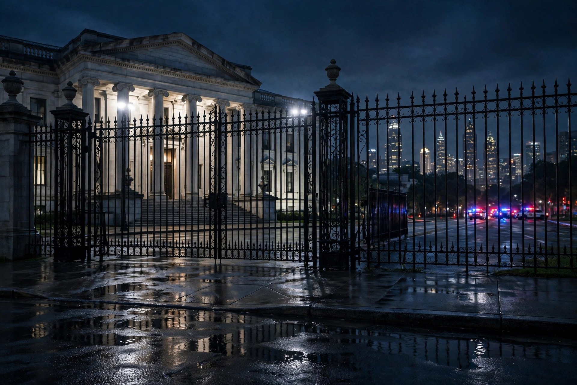 Ilustración editorial: edificio federal con reja de seguridad y luces nocturnas en el centro de Atlanta