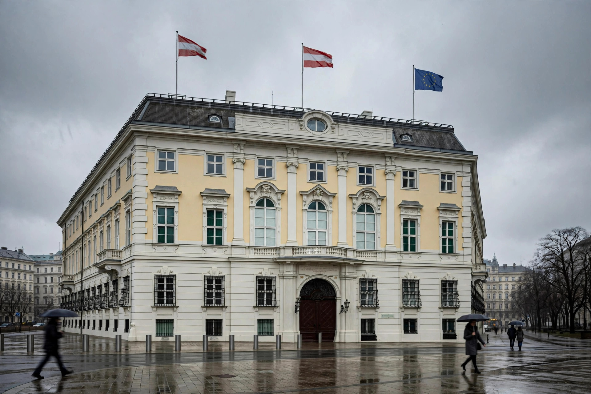 Ilustración editorial: edificio gubernamental en Viena con banderas, tono sobrio de noticiero