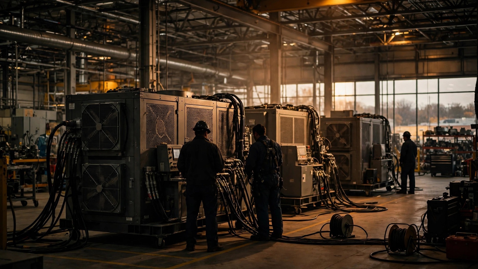 Ilustración editorial: interior de una planta manufacturera moderna en Ohio con trabajadores en silueta junto a equipos industriales de prueba de energía, luz industrial cálida