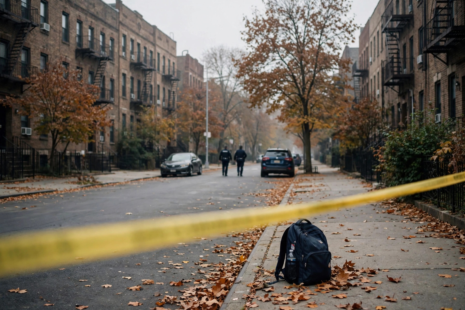 Ilustración editorial: una calle residencial del Bronx en la mañana, con cinta policial en primer plano, una mochila escolar en la acera y agentes vistos de espaldas a distancia