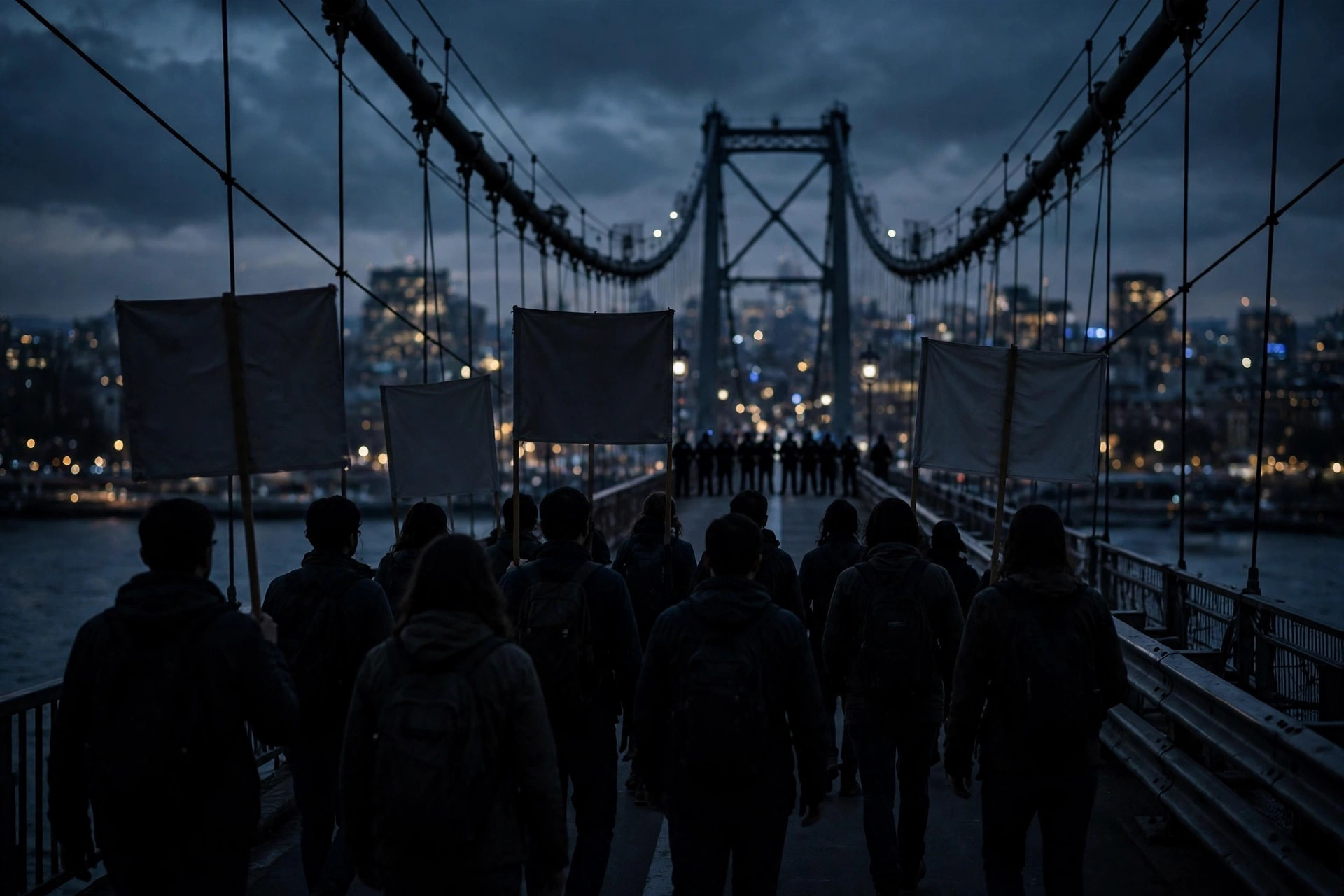 Ilustración editorial: manifestantes en silueta vistos de espaldas en la pasarela de un puente colgante al atardecer, con mantas sin texto y agentes en silueta a lo lejos