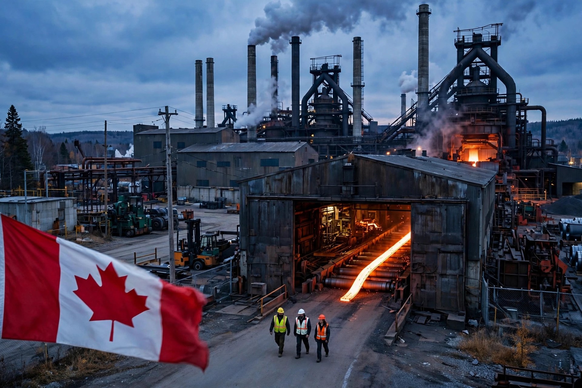 Ilustración editorial: planta siderúrgica en Ontario con la bandera de Canadá y trabajadores