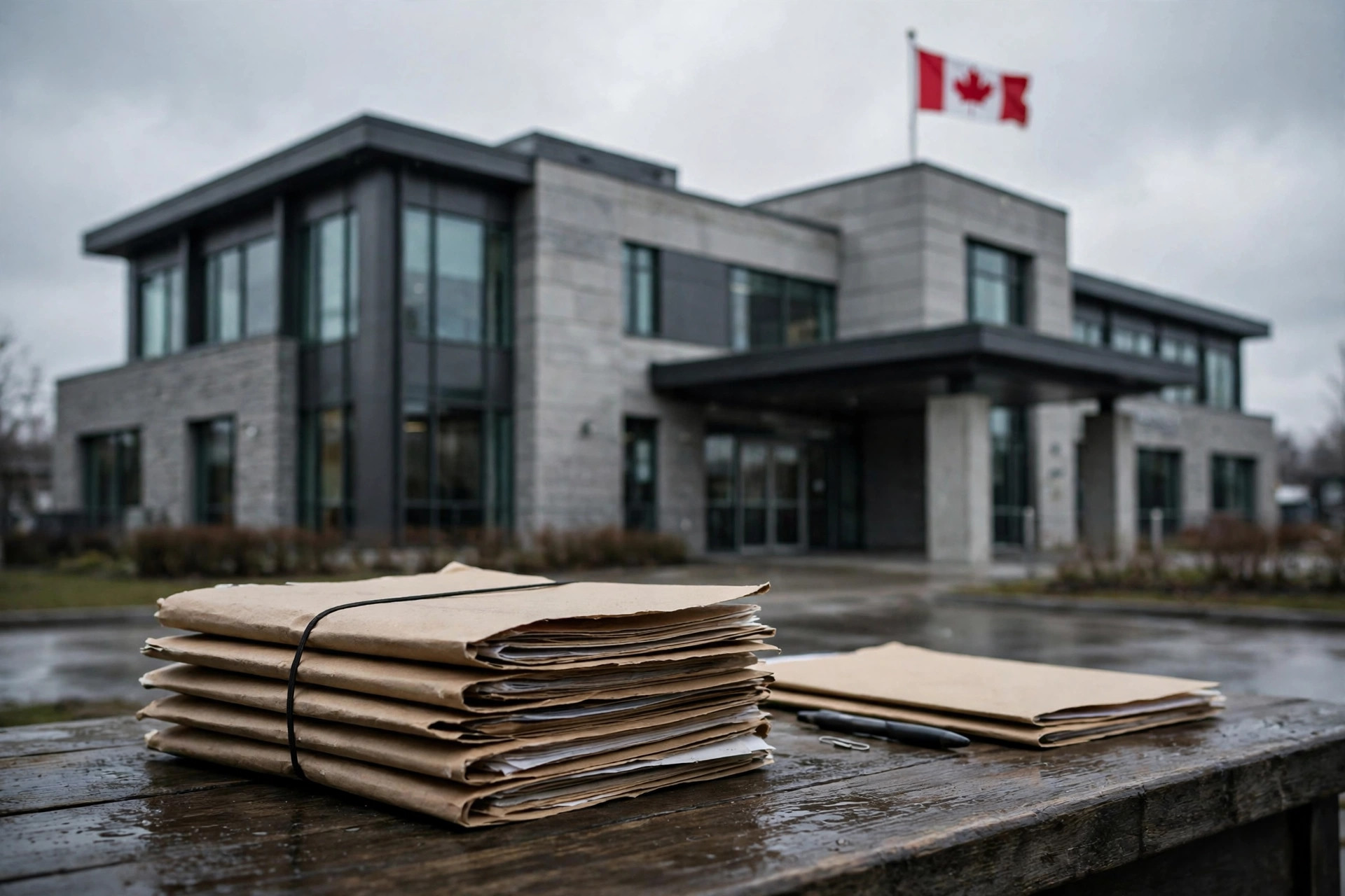 Ilustración editorial: oficina de servicios fronterizos de Canadá con expedientes de solicitudes de visa, tono sobrio de noticiero