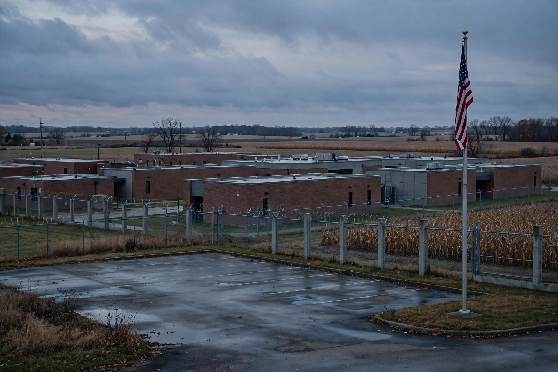 Ilustración editorial: exterior de un centro correccional regional en el campo de Ohio al anochecer, con cerca perimetral, una bandera de Estados Unidos y un estacionamiento vacío en primer plano