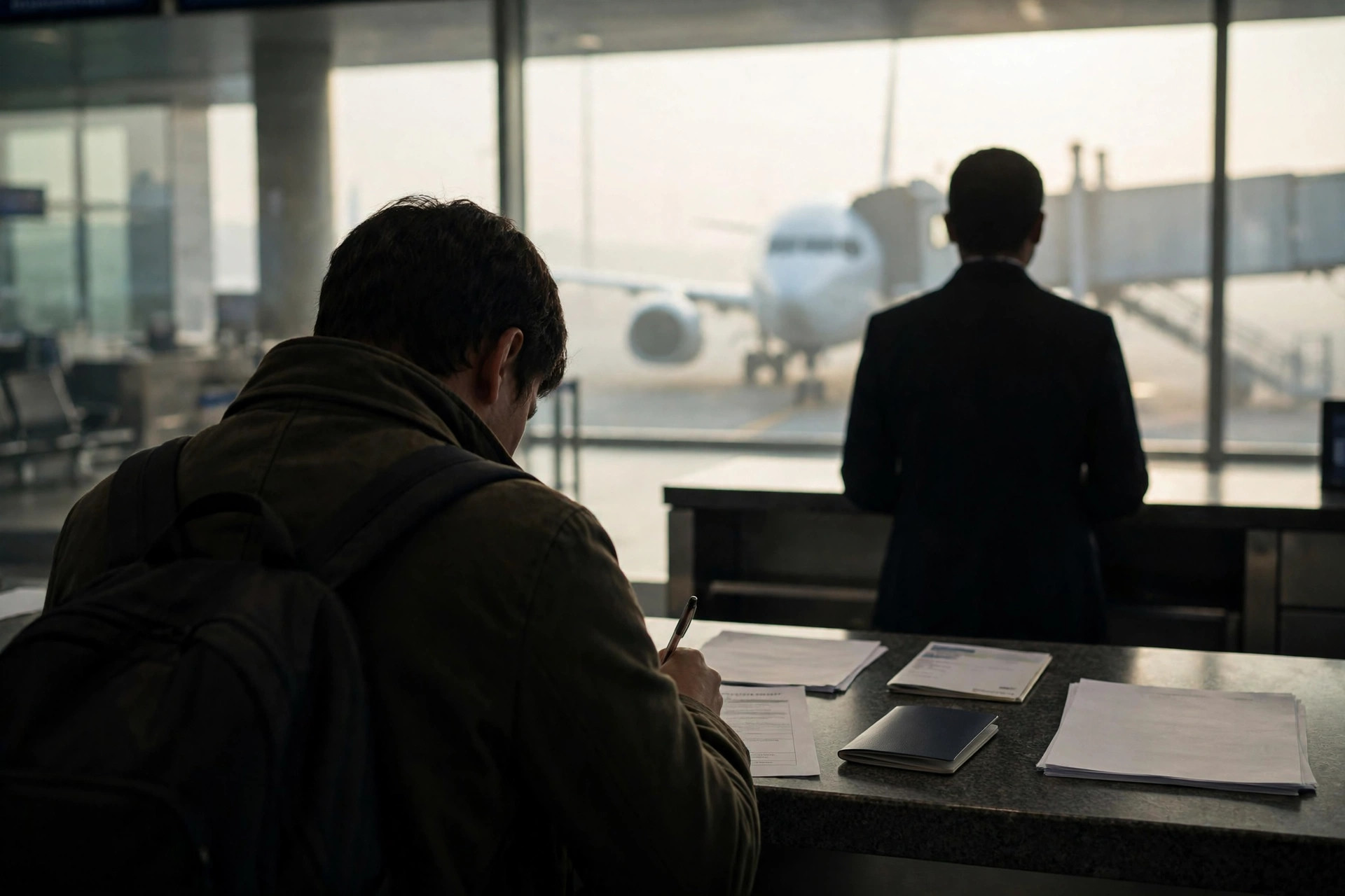 Ilustración editorial: un viajero visto de espaldas firma un formulario en un mostrador de aeropuerto, con pasaporte y documentos sobre la mesa y un avión al fondo tras los ventanales
