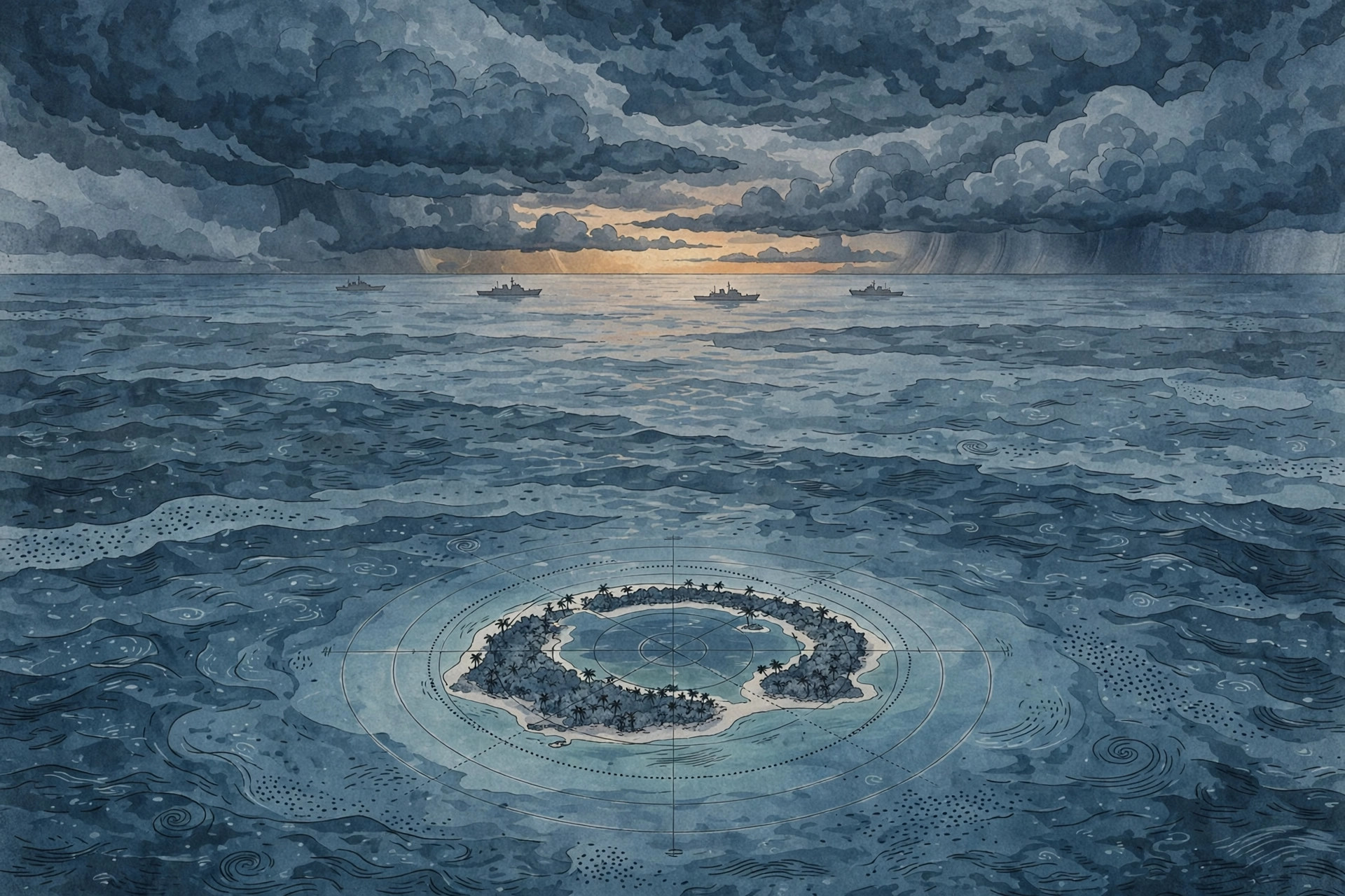 Ilustración editorial: atolón tropical en el mar de China Meridional con buques patrulleros en la distancia bajo un cielo de tormenta