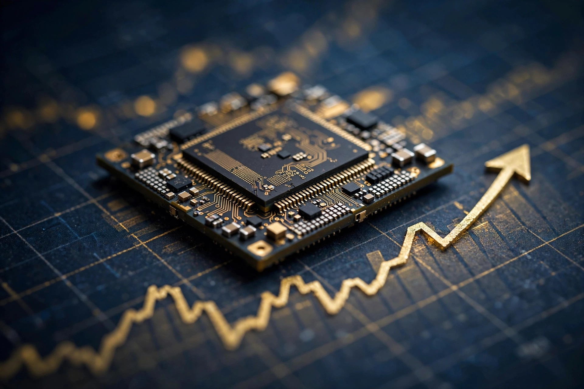 Ilustración editorial: chip semiconductor sobre un gráfico bursátil con flecha al alza