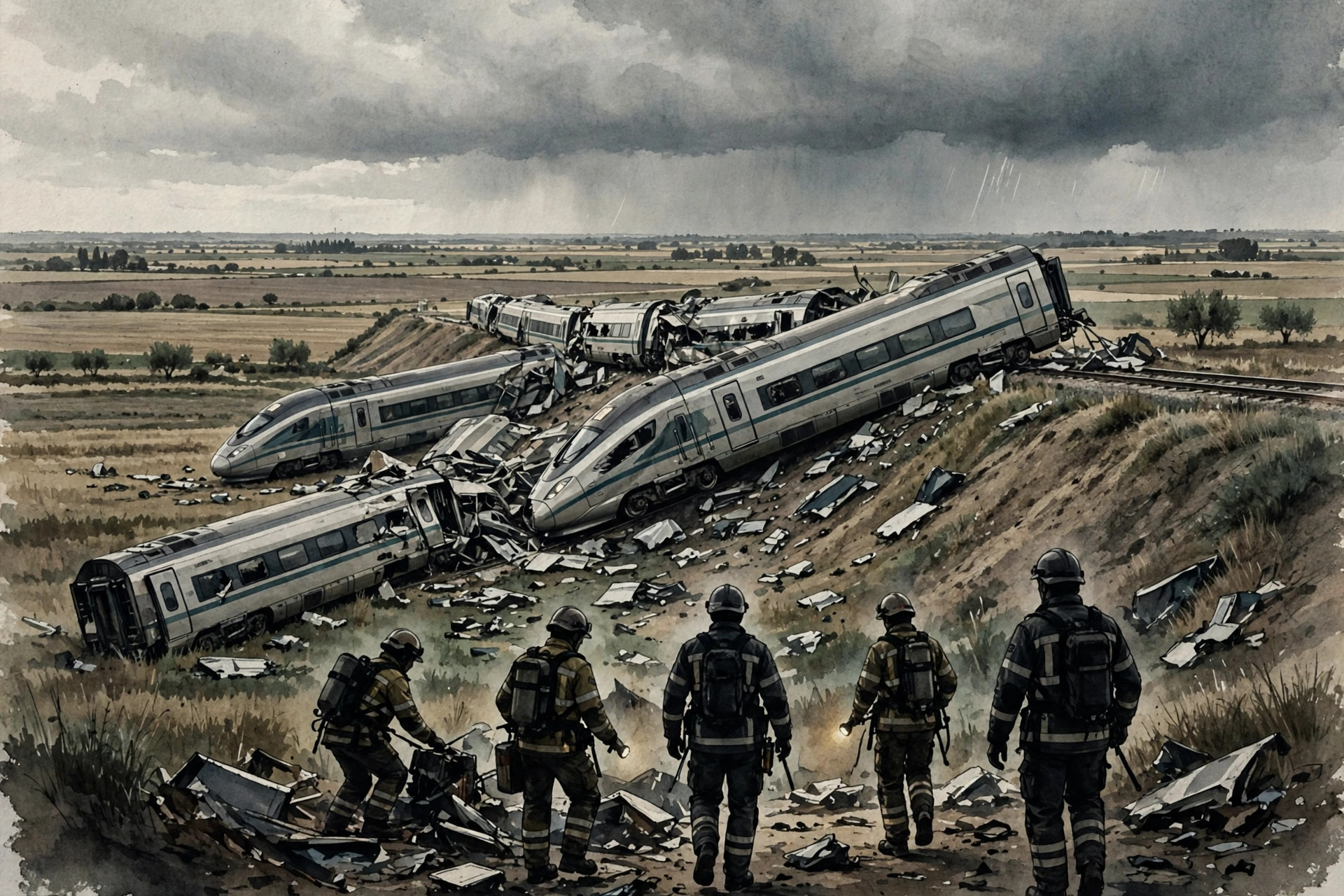 Ilustración editorial: vagones de un tren de alta velocidad descarrilados sobre un terraplén en un campo llano de España, equipos de emergencia en silueta vistos de espaldas trabajando entre los restos