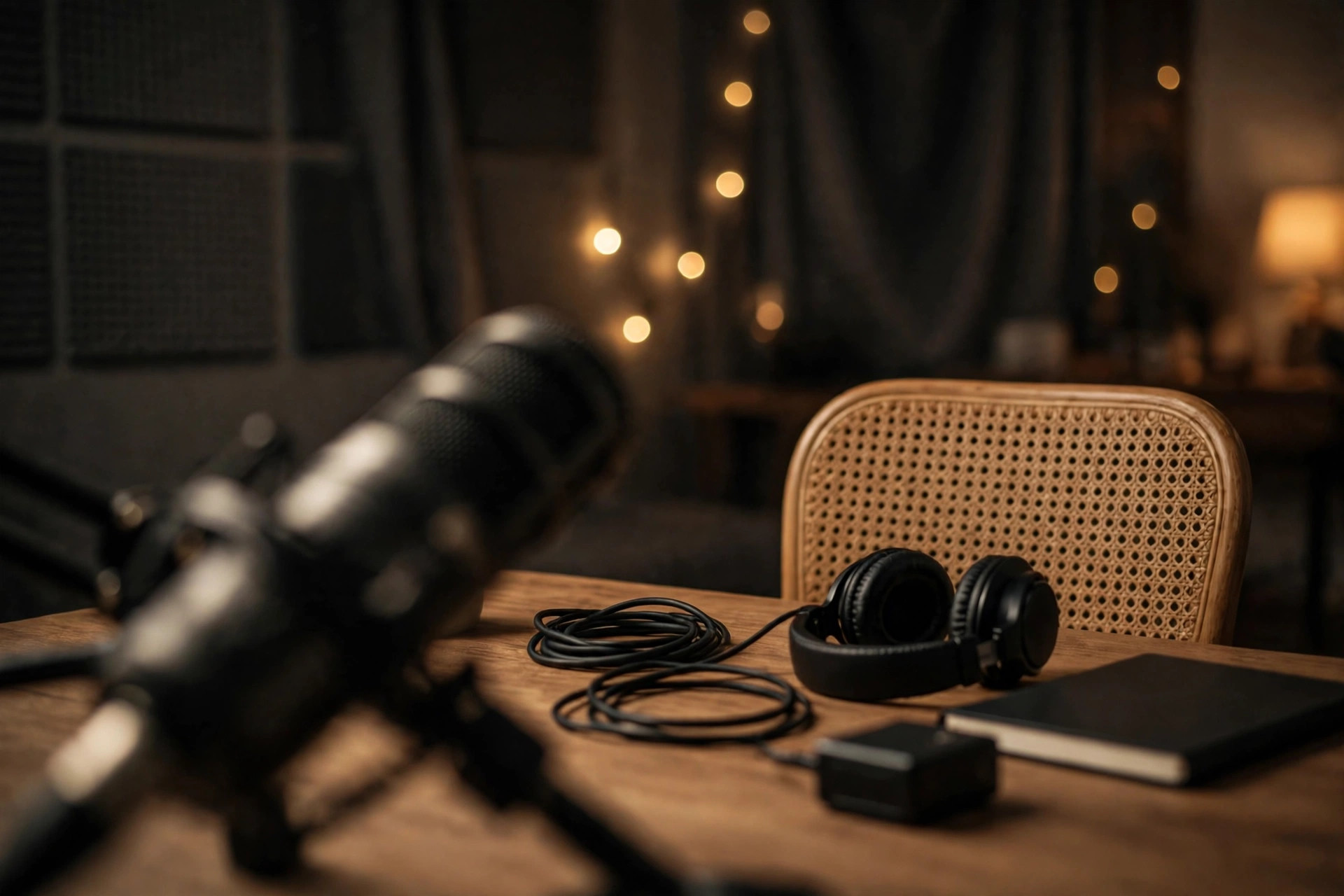 Ilustración editorial: estudio de podcast con micrófono profesional y luz cálida