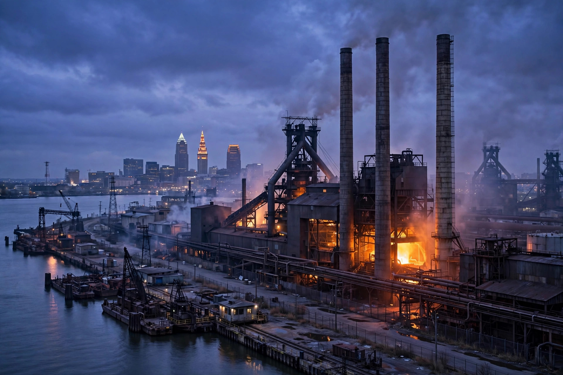 Ilustración editorial: planta siderúrgica de Cleveland con chimeneas al atardecer