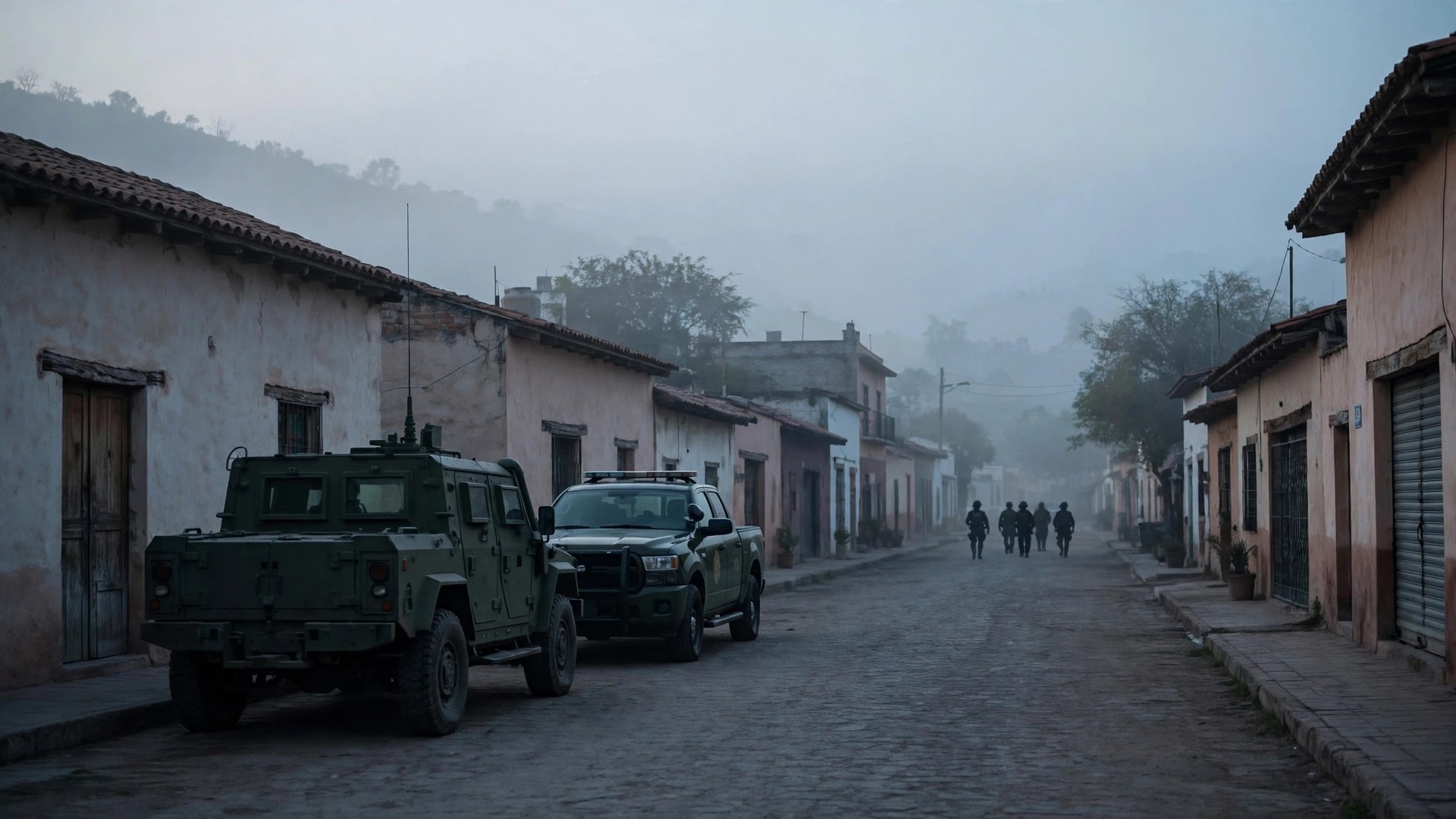 Ilustración editorial: vehículos de patrulla en una calle de un pueblo mexicano al amanecer con agentes en silueta a distancia, tono sobrio
