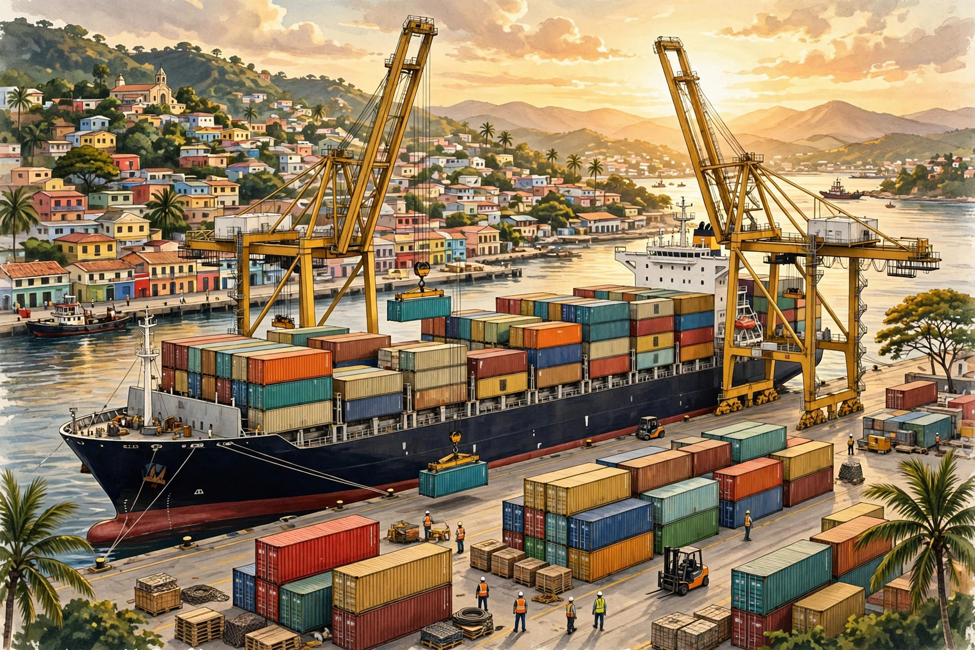 Ilustración editorial: portacontenedores descargando mercancía en un puerto colombiano