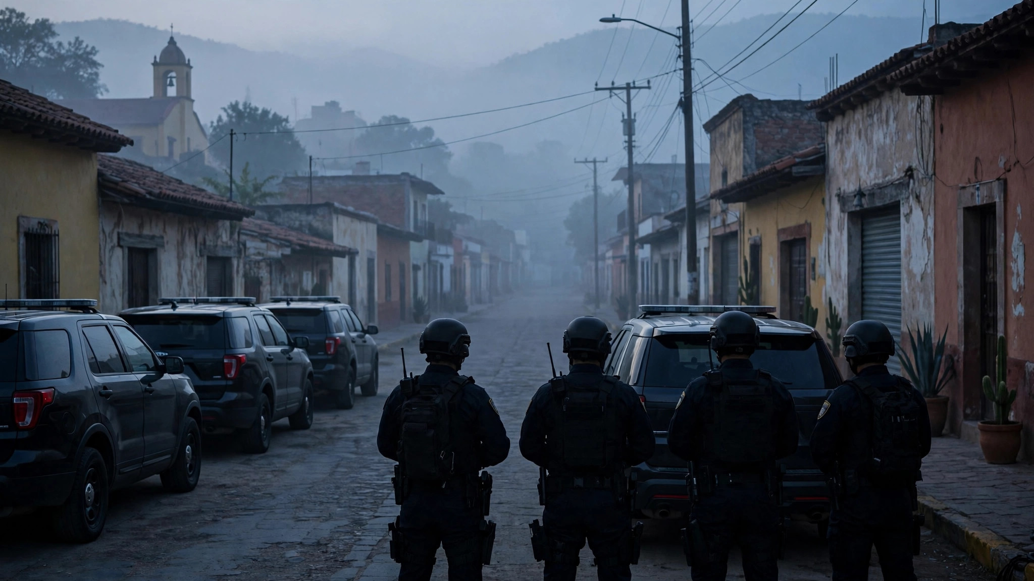 Ilustración editorial: operativo federal de seguridad al amanecer en una calle tranquila de un pueblo mexicano, agentes en silueta vistos de espaldas junto a vehículos oficiales