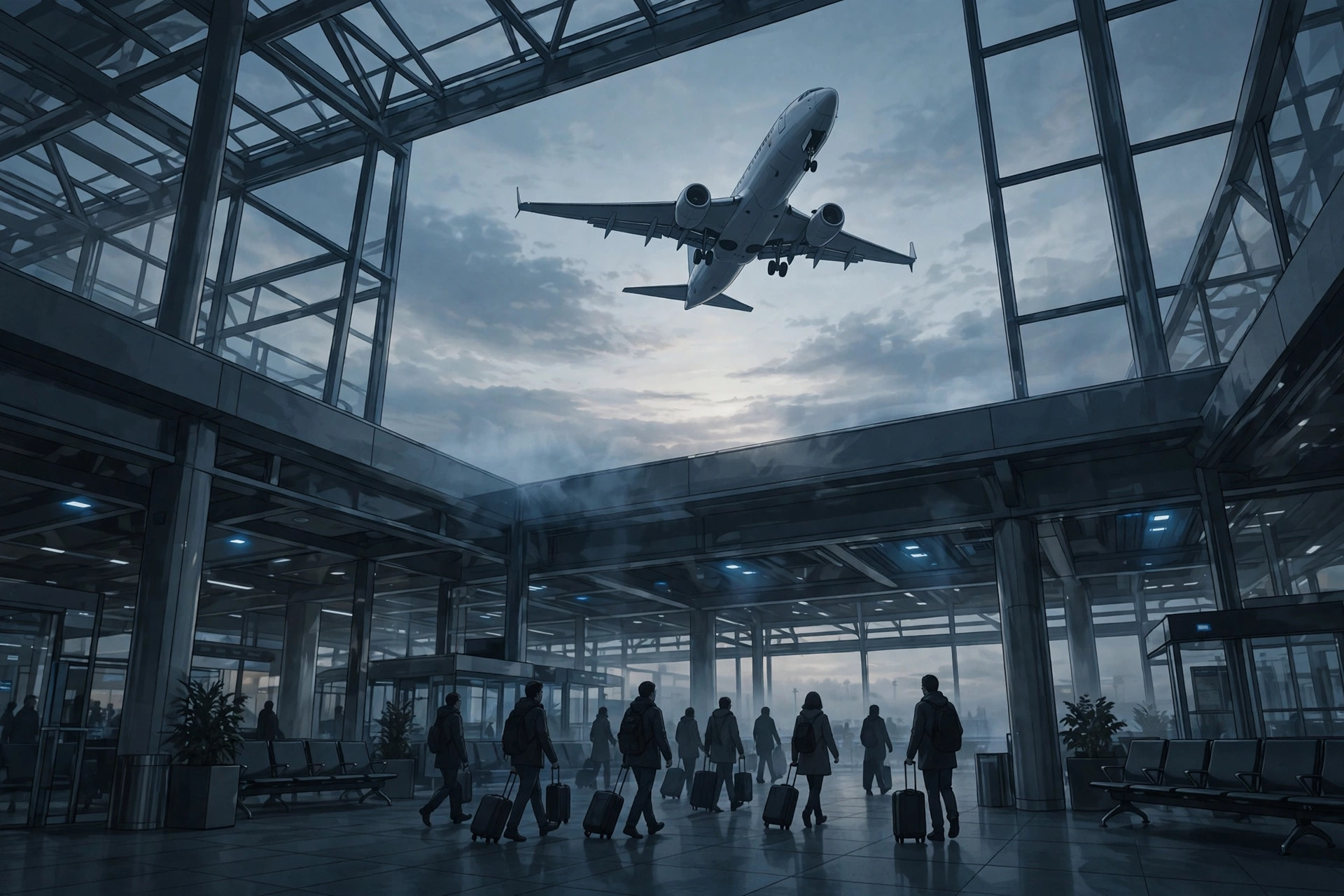Ilustración editorial: avión despegando al amanecer y viajeros con maletas en una terminal aeroportuaria