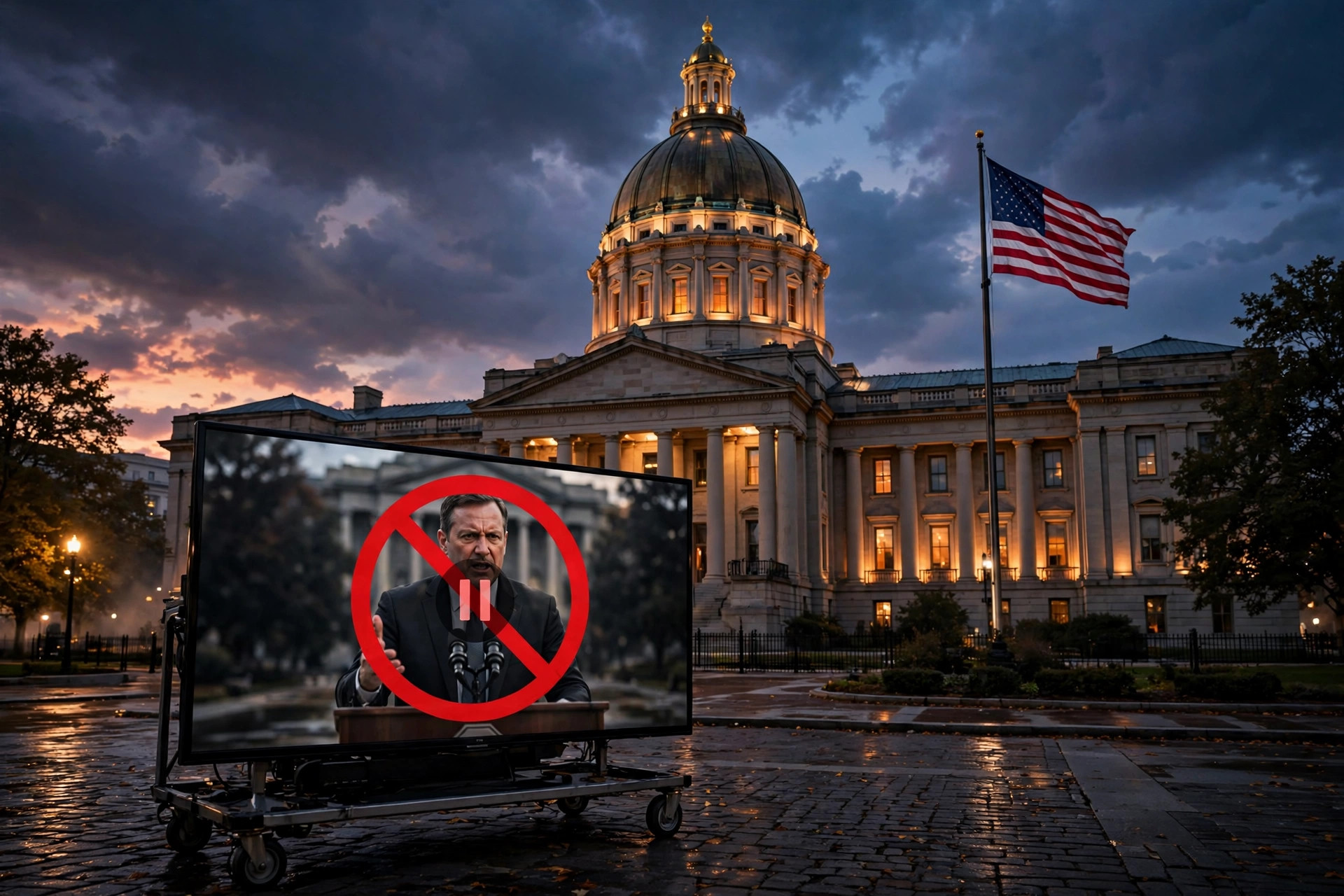 Ilustración editorial: Capitolio de Ohio al atardecer con una pantalla que muestra un anuncio político tachado