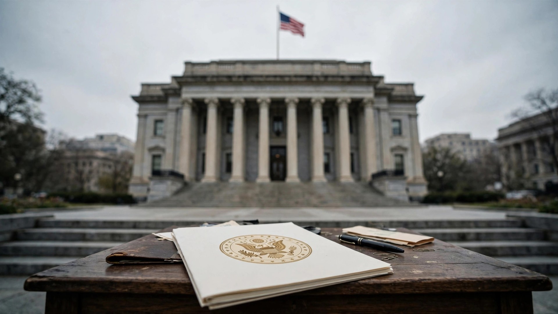 Ilustración editorial: edificio federal de Estados Unidos con un documento oficial sobre un escritorio