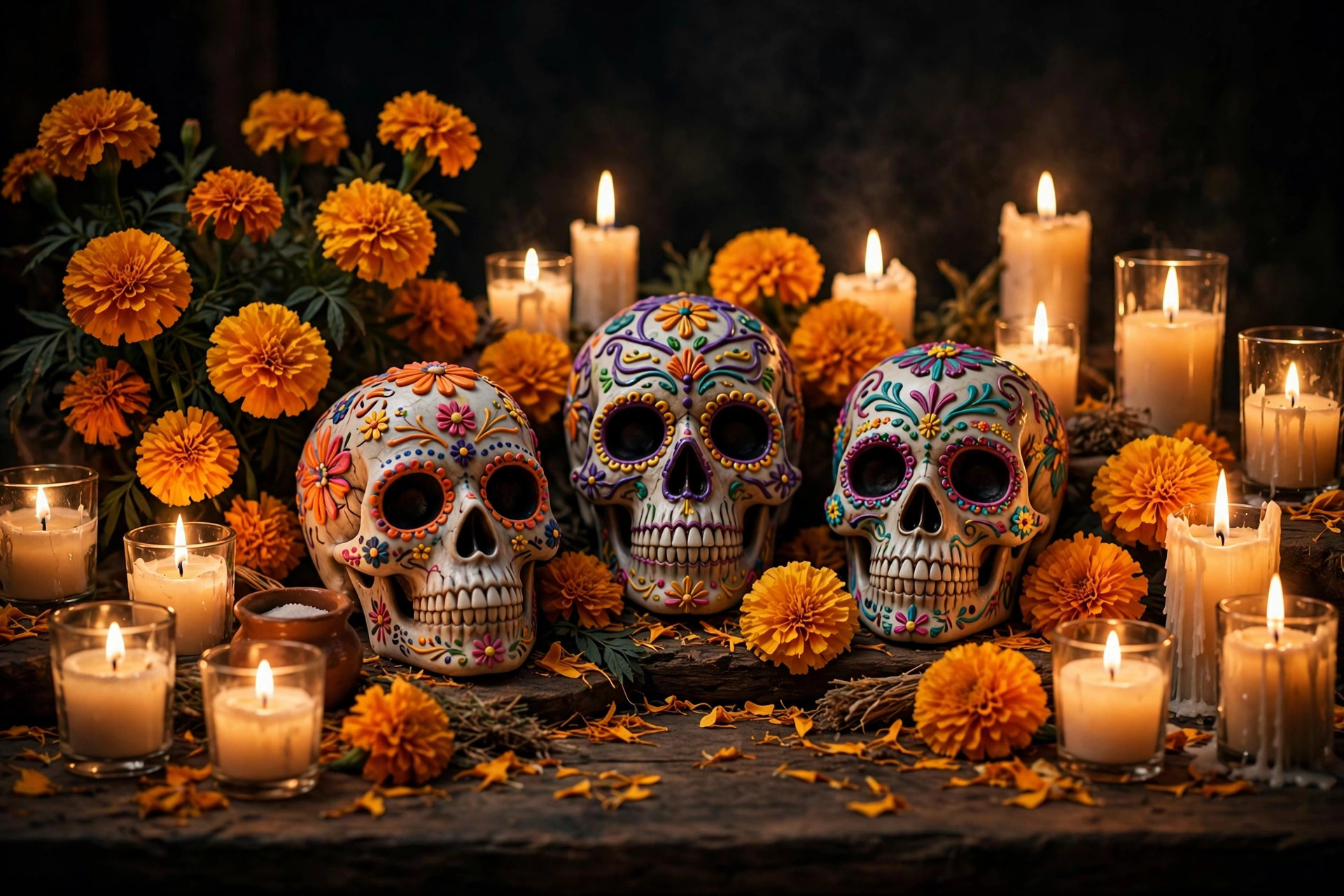 Ilustración editorial: ofrenda tradicional de Día de Muertos con cempasúchil y veladoras