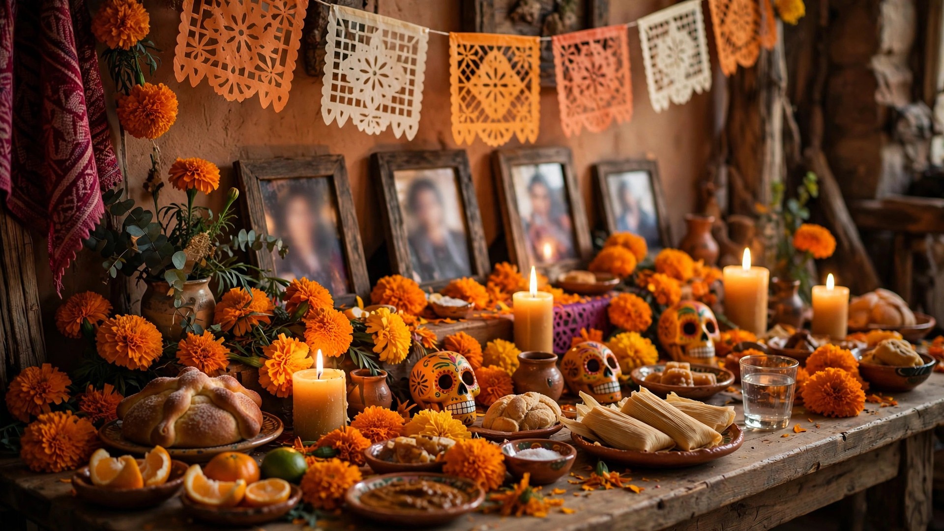 Ilustración editorial: ofrenda tradicional mexicana en casa con flores de cempasúchil, veladoras y alimentos, fotografías vistas de ángulo sin rostros identificables, luz cálida de velas
