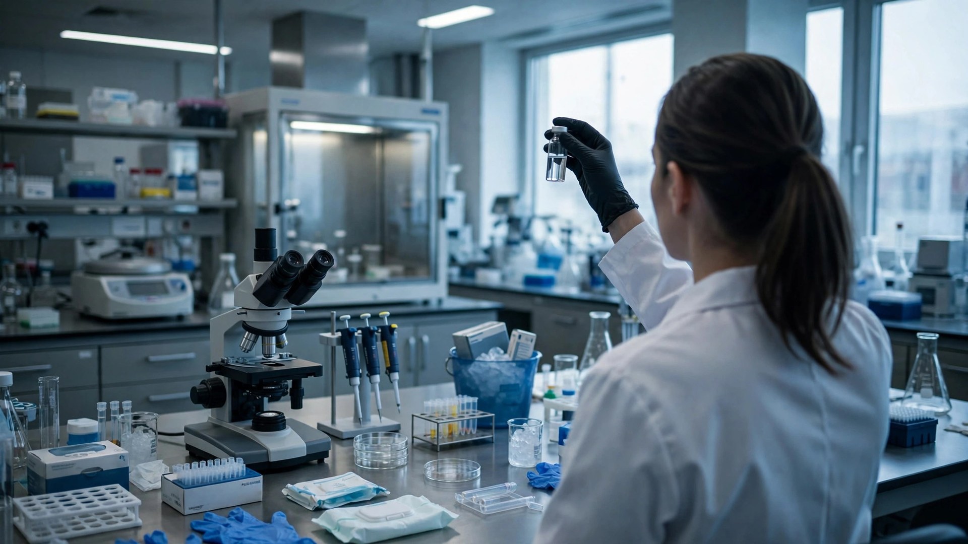 Ilustración editorial: laboratorio oncológico con un investigador sosteniendo un vial