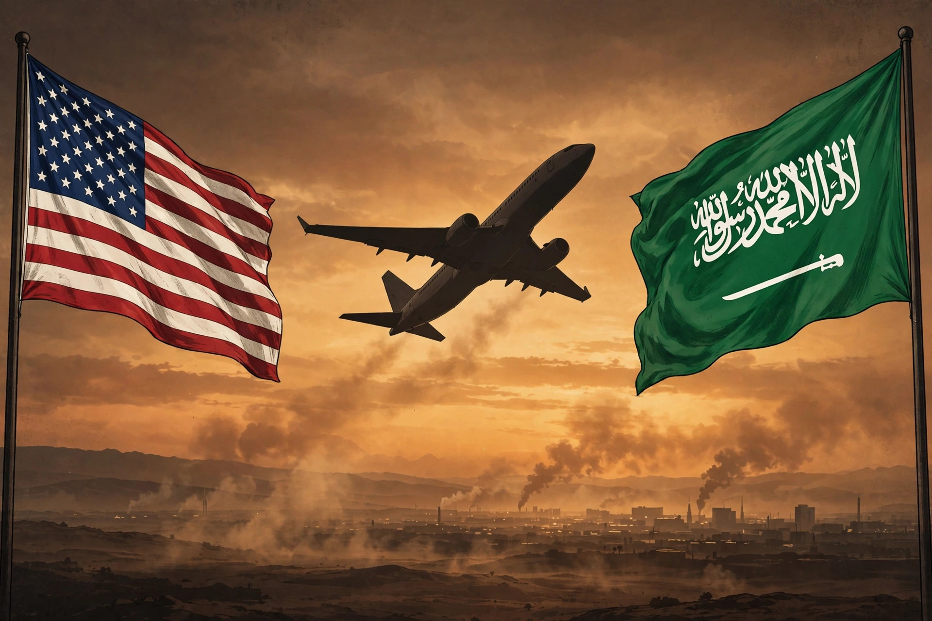 Ilustración editorial: banderas de Estados Unidos y Arabia Saudita con un avión despegando al atardecer