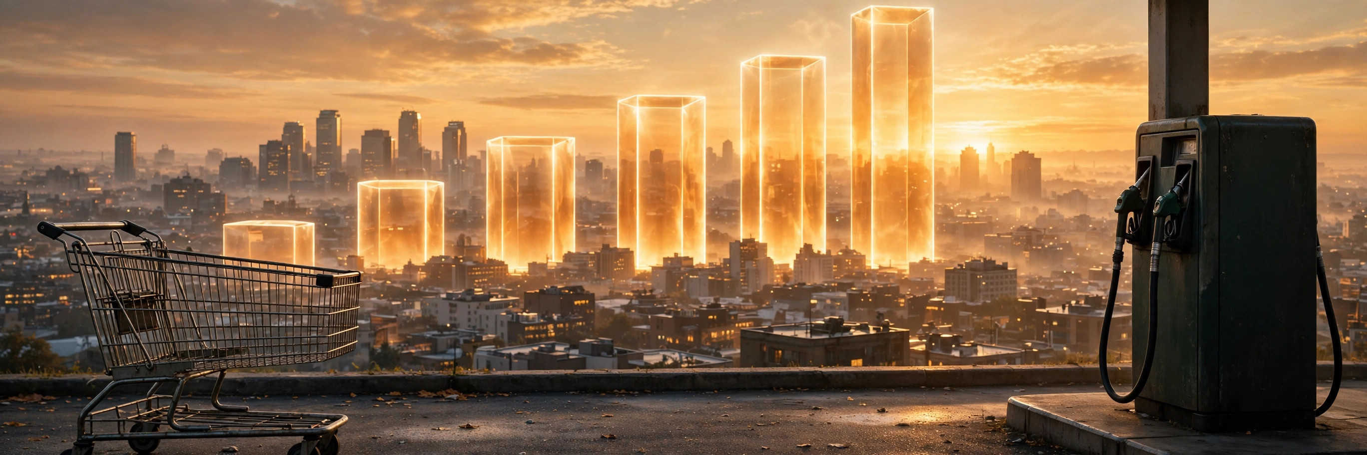 Ilustración editorial: columnas luminosas en ascenso sobre una ciudad al amanecer, con un carrito de compras y una bomba de gasolina en primer plano