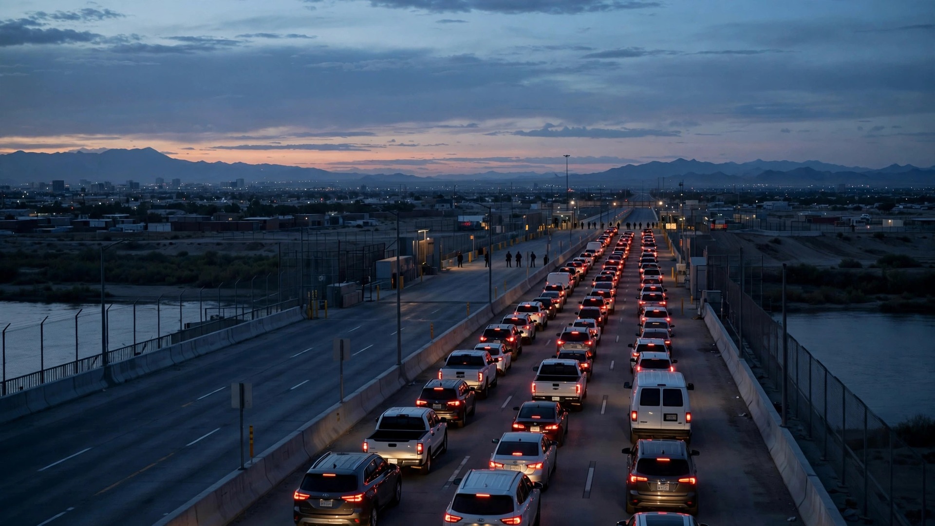 Ilustración editorial: vehículos en fila en un cruce fronterizo de El Paso al atardecer, con agentes federales en silueta a distancia, tono sobrio