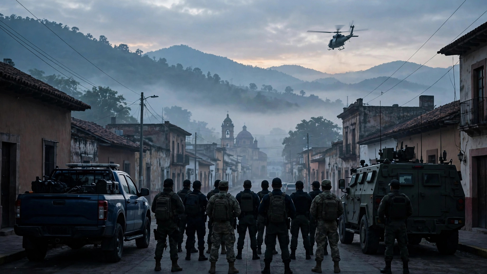 Ilustración editorial: operativo conjunto de policías y militares al amanecer en un pueblo de Oaxaca, patrullas y agentes en silueta en una calle y un helicóptero en el cielo, tono sobrio