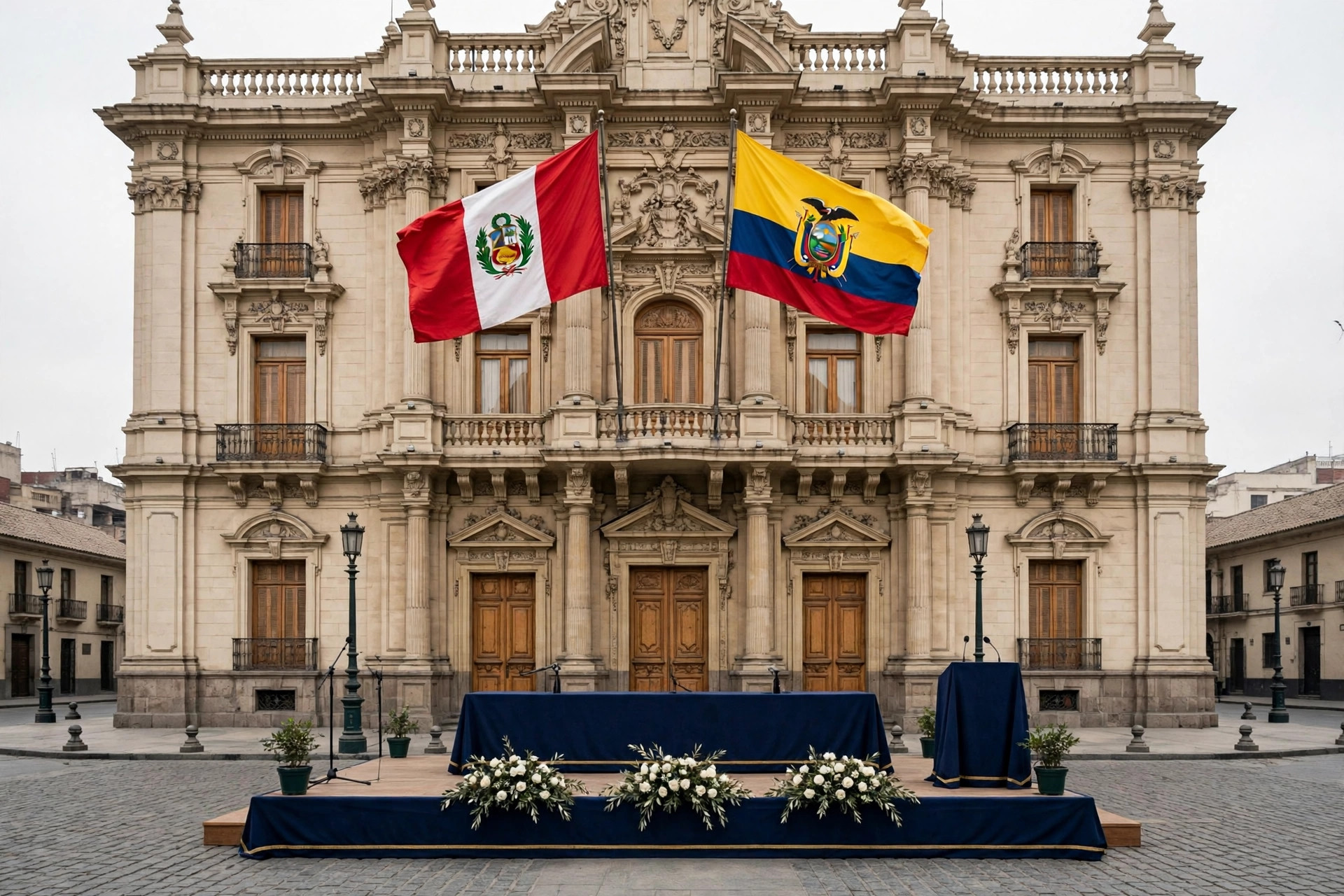 Ilustración editorial: Palacio de Gobierno de Lima con las banderas de Perú y Ecuador