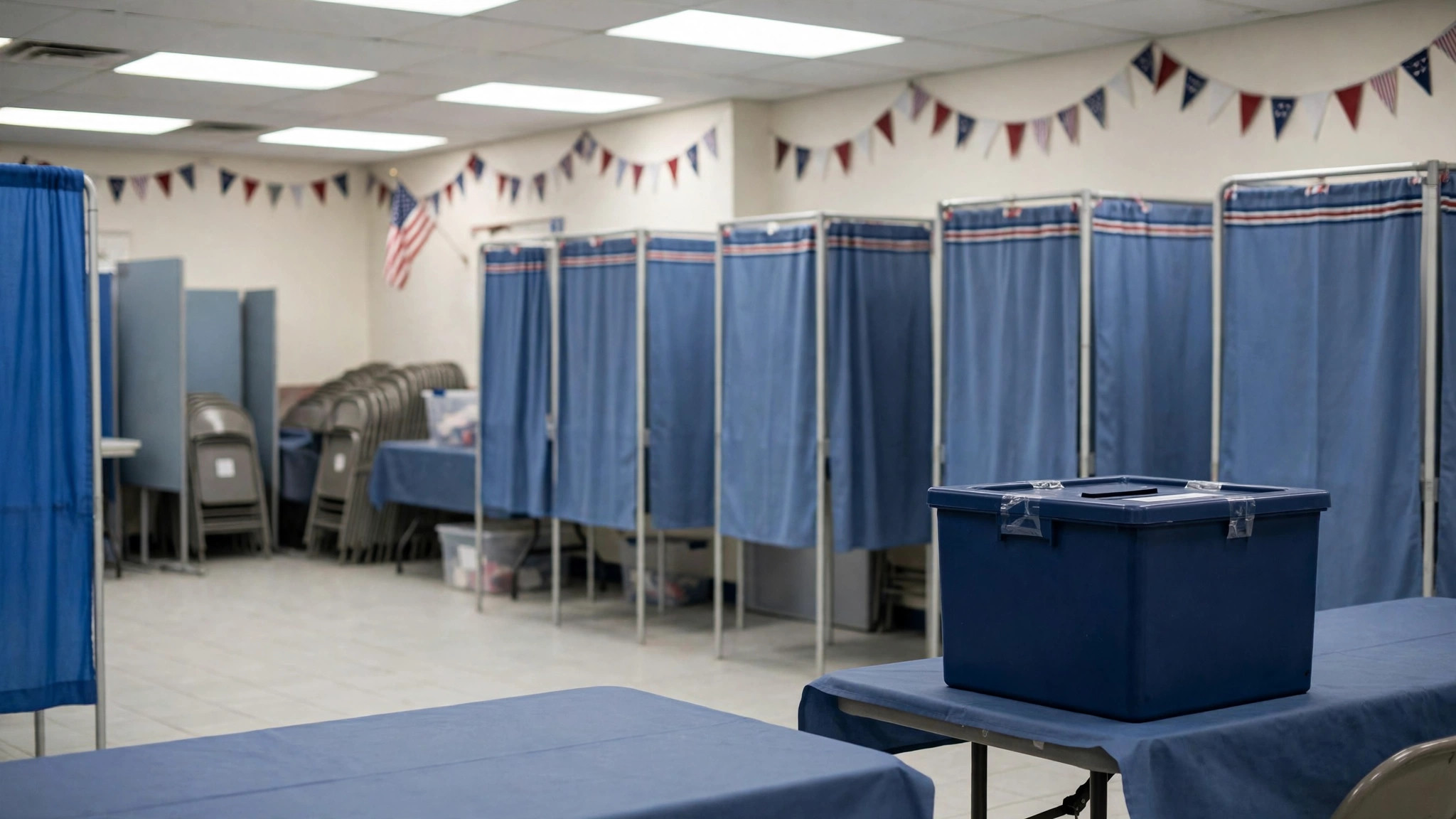 Urna y cabinas de votación en un centro electoral de Estados Unidos