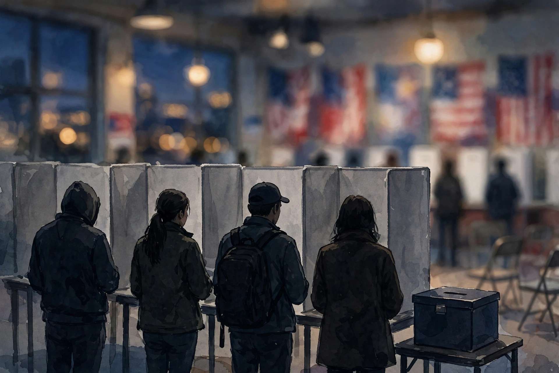 Ilustración editorial: centro de votación en Estados Unidos, votantes en silueta vistos de espaldas junto a cabinas y una urna, banderas difuminadas