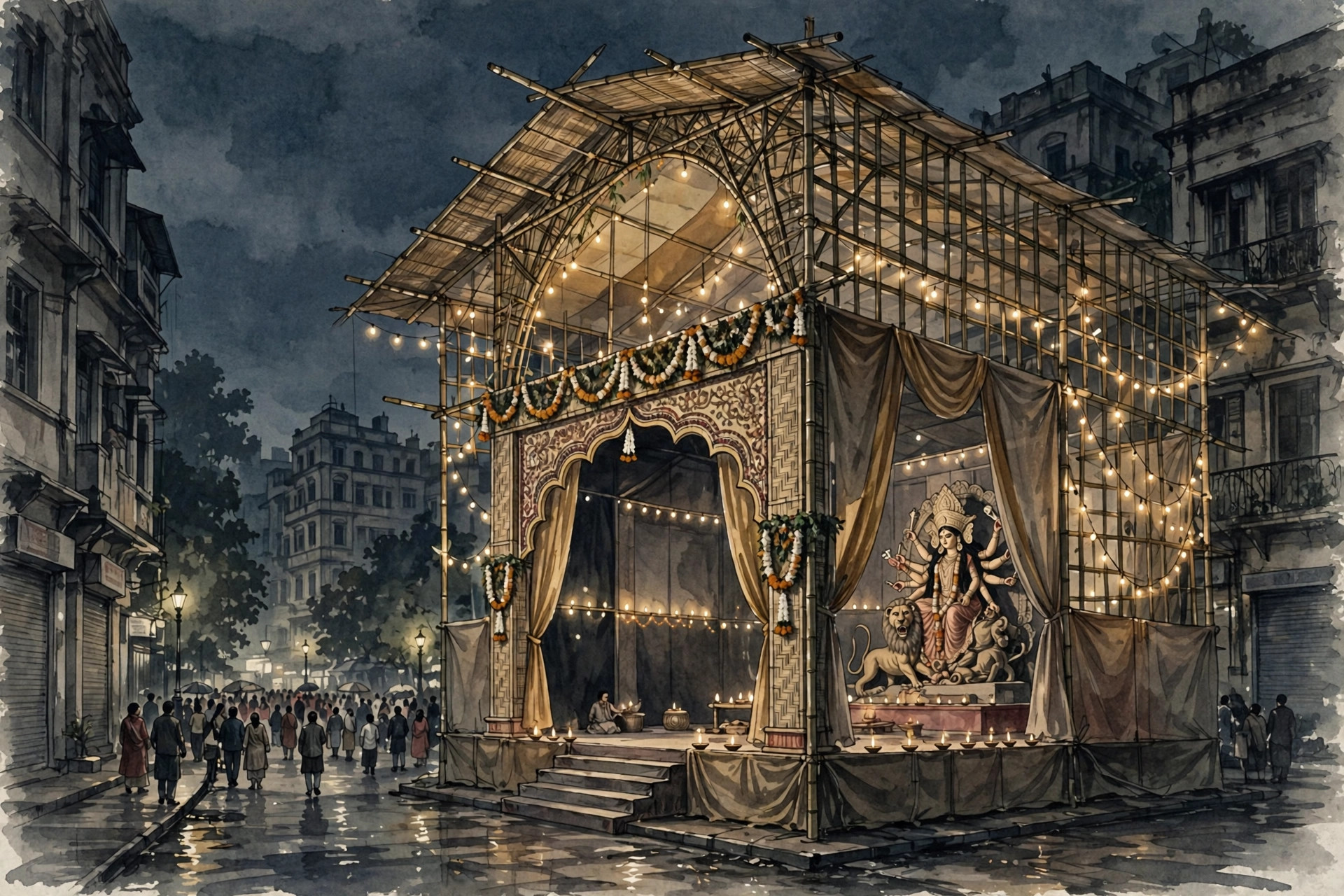 Ilustración editorial: pabellón del festival Durga Puja en Calcuta de noche