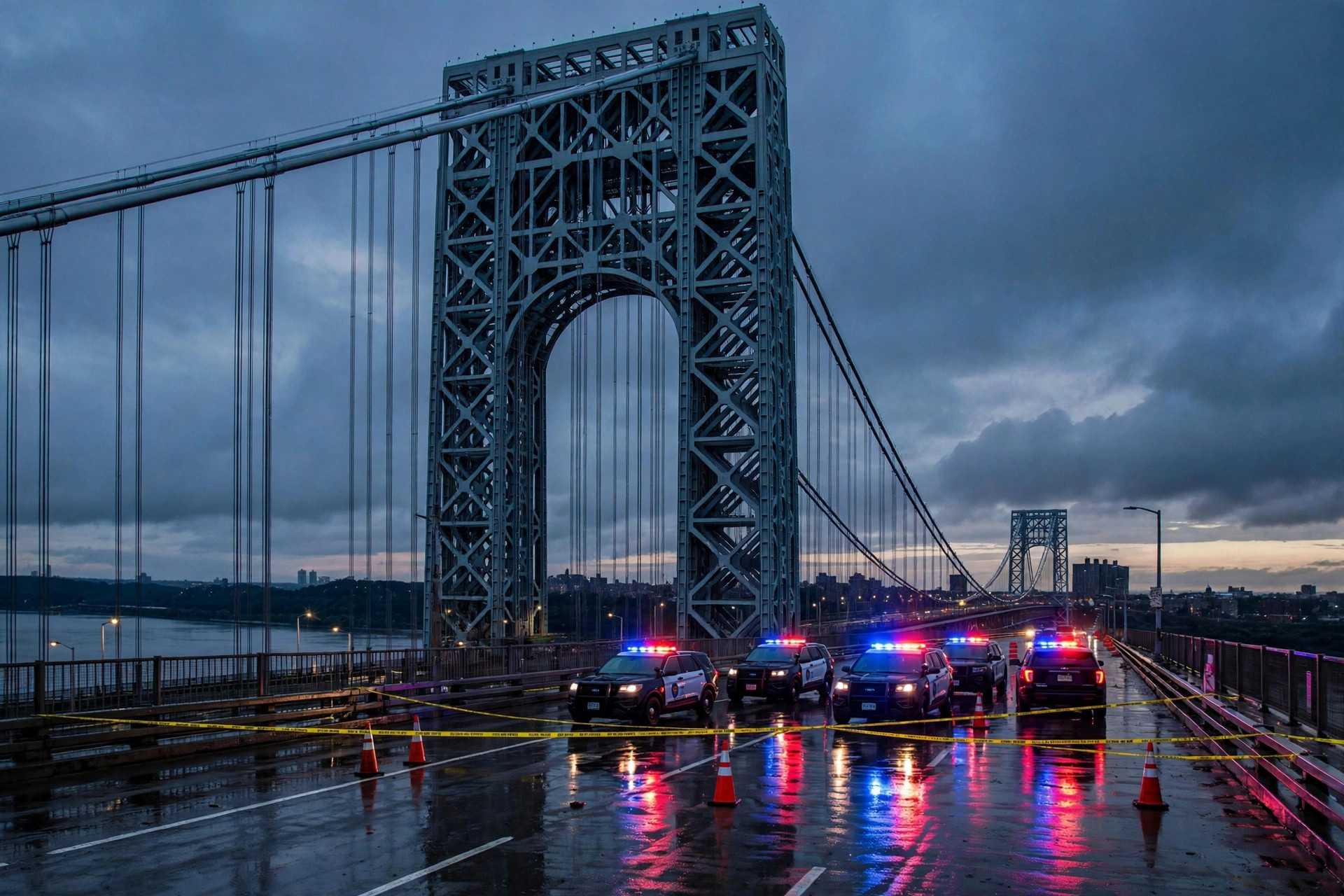 Ilustración editorial: el puente George Washington al atardecer con patrullas policiales y cinta amarilla cerrando carriles