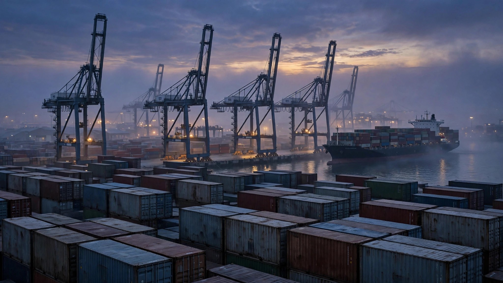 Ilustración editorial: un puerto de contenedores al atardecer, grúas y un buque de carga, tono industrial sobrio