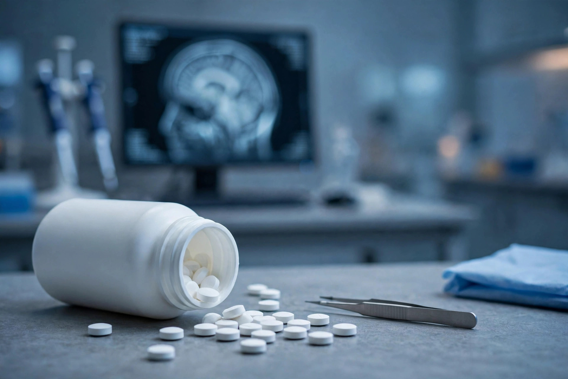 Ilustración editorial: frasco de pastillas farmacéuticas en un laboratorio con resonancia cerebral al fondo