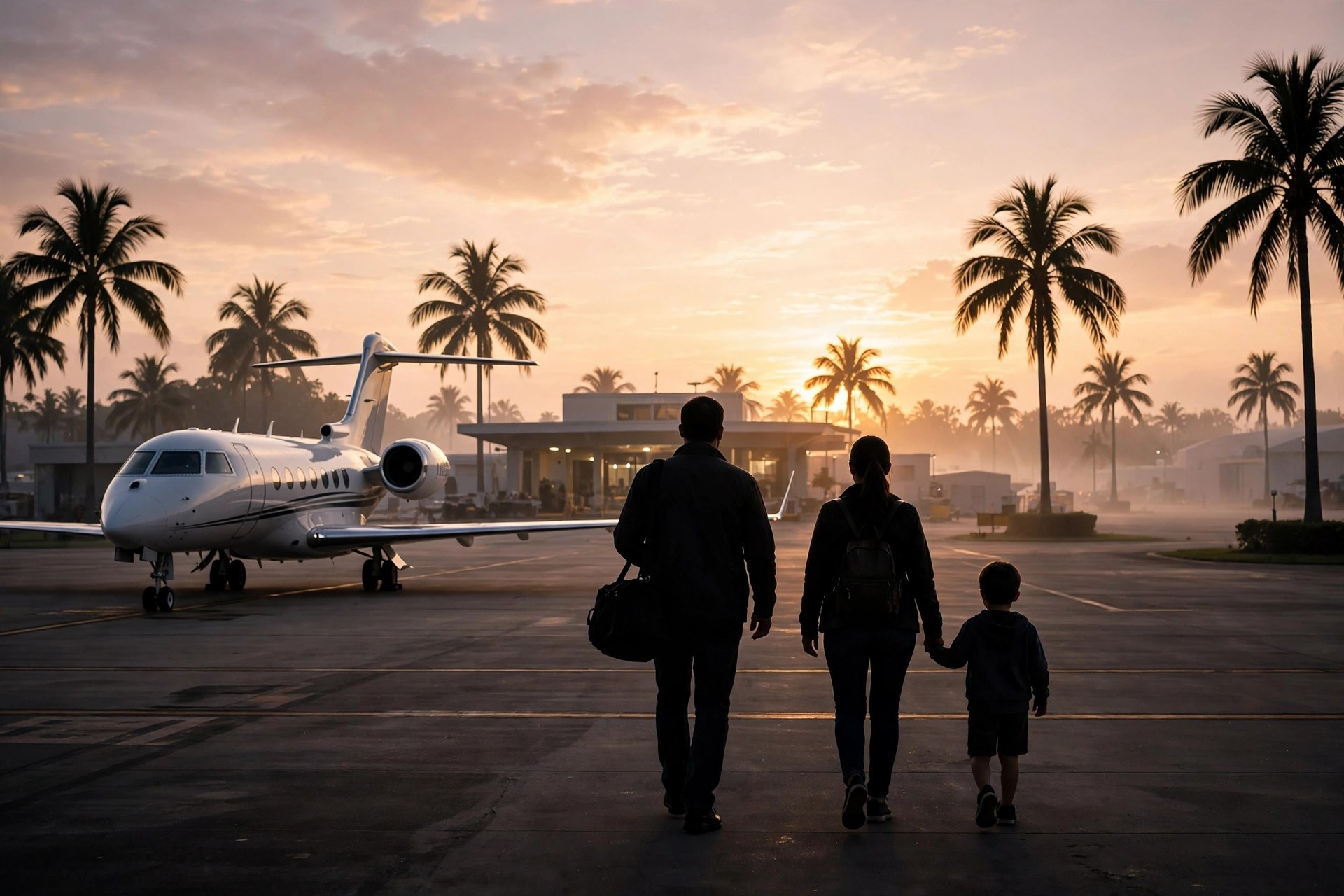Ilustración editorial: un avión privado en la pista de un aeropuerto ejecutivo de Miami al amanecer, un hombre y su familia en silueta vistos de espaldas caminando hacia la terminal