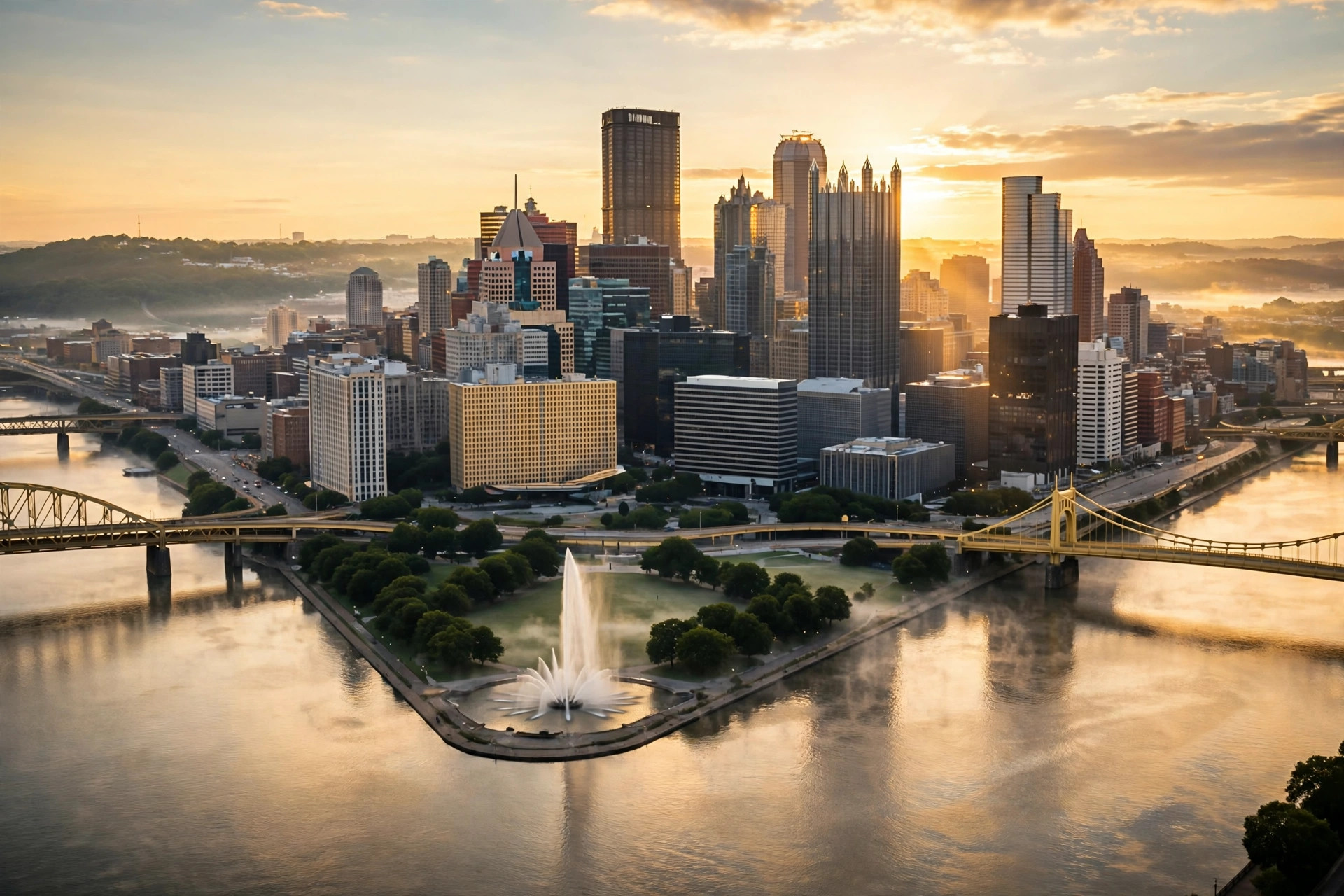 Ilustración editorial: skyline de Pittsburgh al amanecer