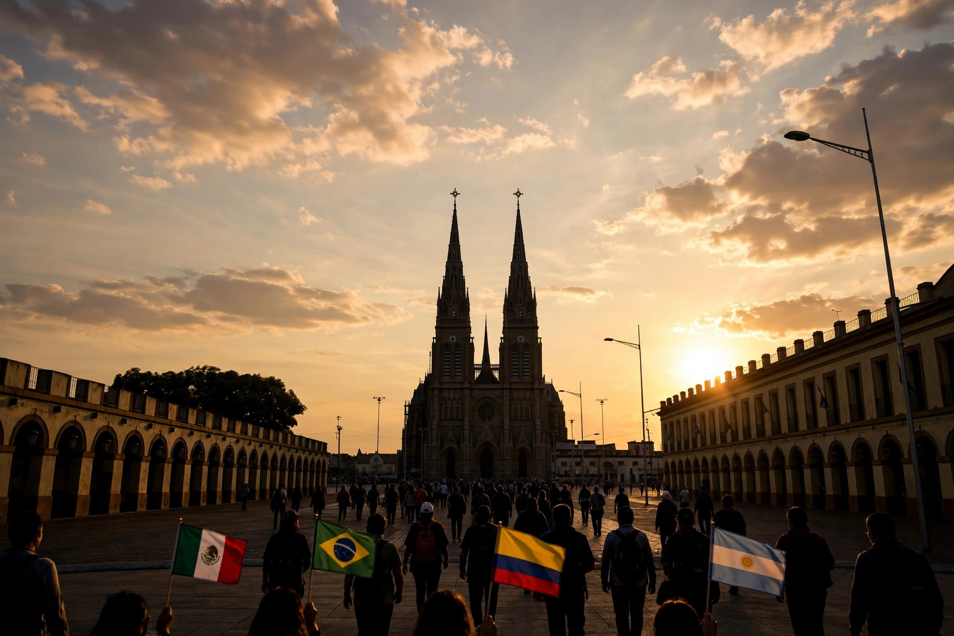Ilustración editorial: la Basílica de Luján al atardecer con peregrinos caminando hacia ella