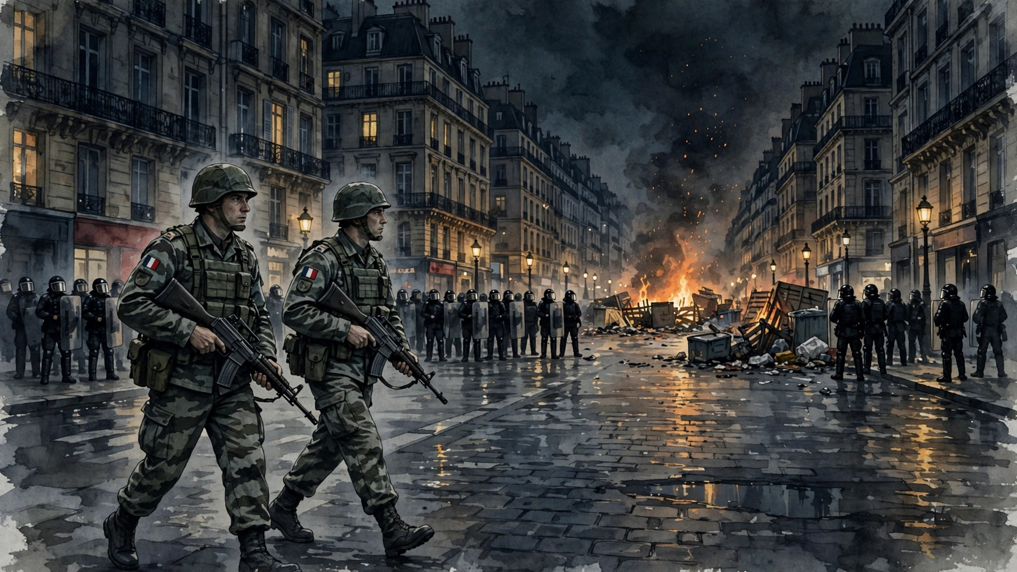 Ilustración editorial: soldados franceses patrullando una avenida de París durante los disturbios, con barricadas humeantes al fondo