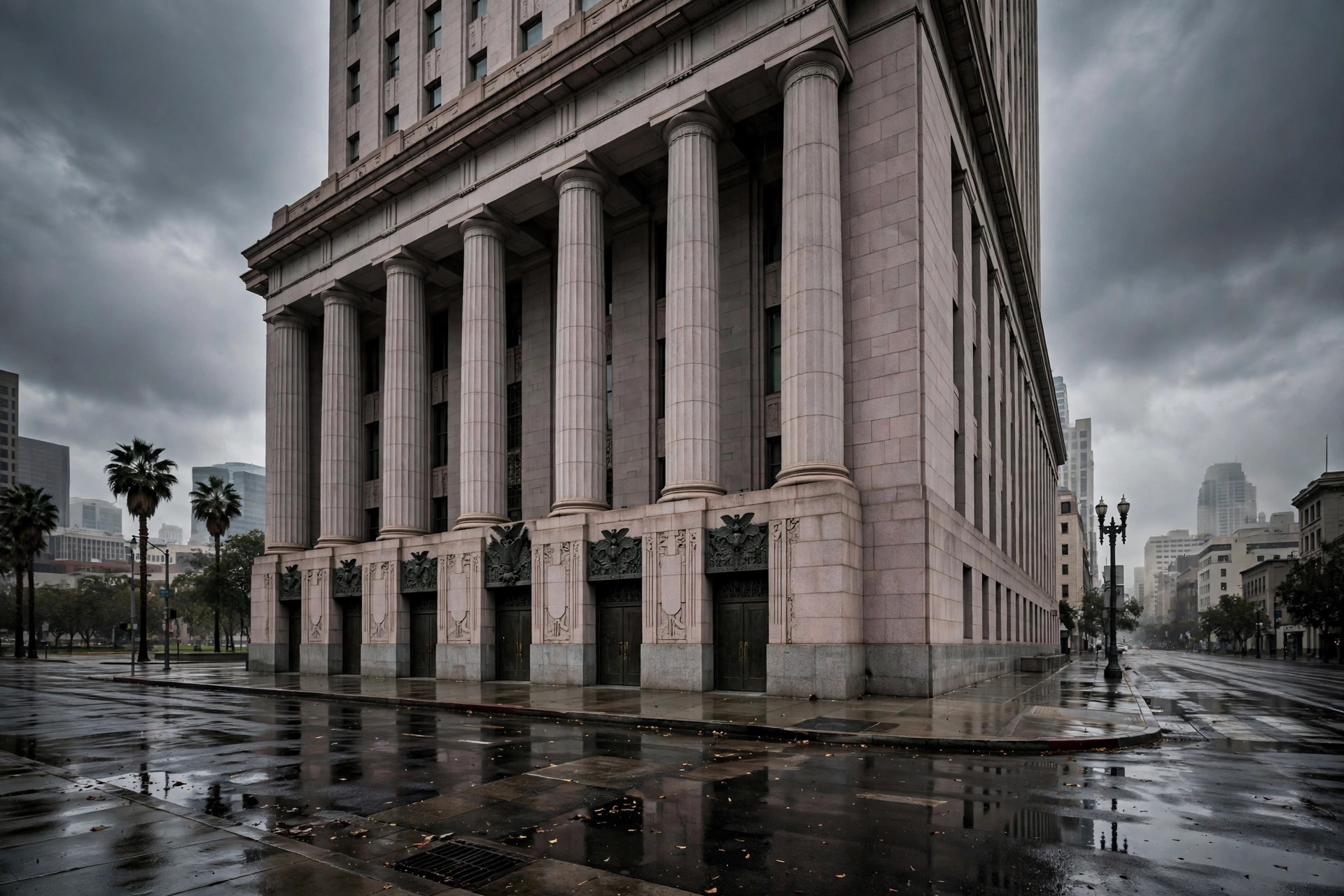Ilustración editorial: palacio de justicia federal del centro de Los Ángeles con columnas imponentes