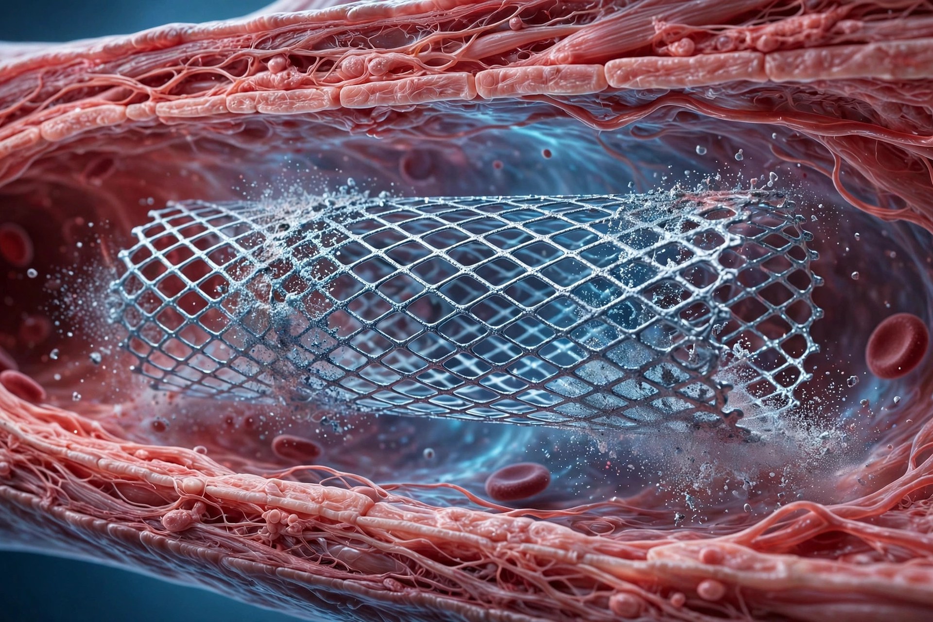 Ilustración editorial: stent de magnesio junto a una arteria, con estética de laboratorio médico