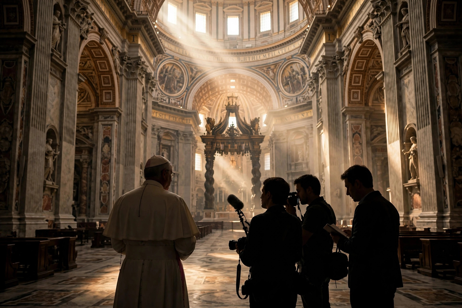 Ilustración editorial: interior de la basílica de San Pedro con luz cálida, un clérigo de blanco visto de espaldas conversando con periodistas en silueta