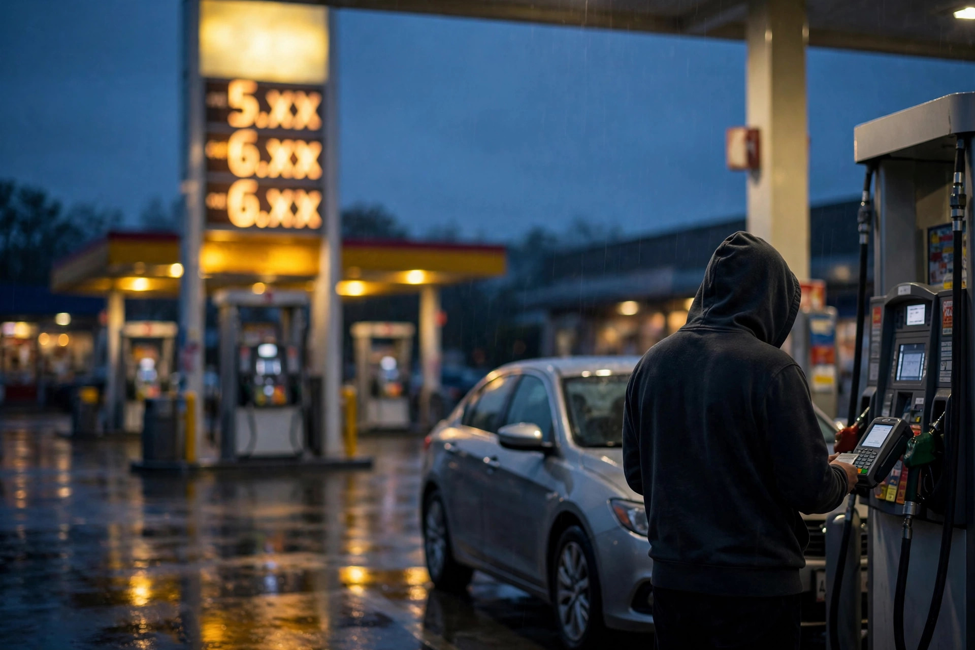 Letrero de gasolinera estadounidense al anochecer
